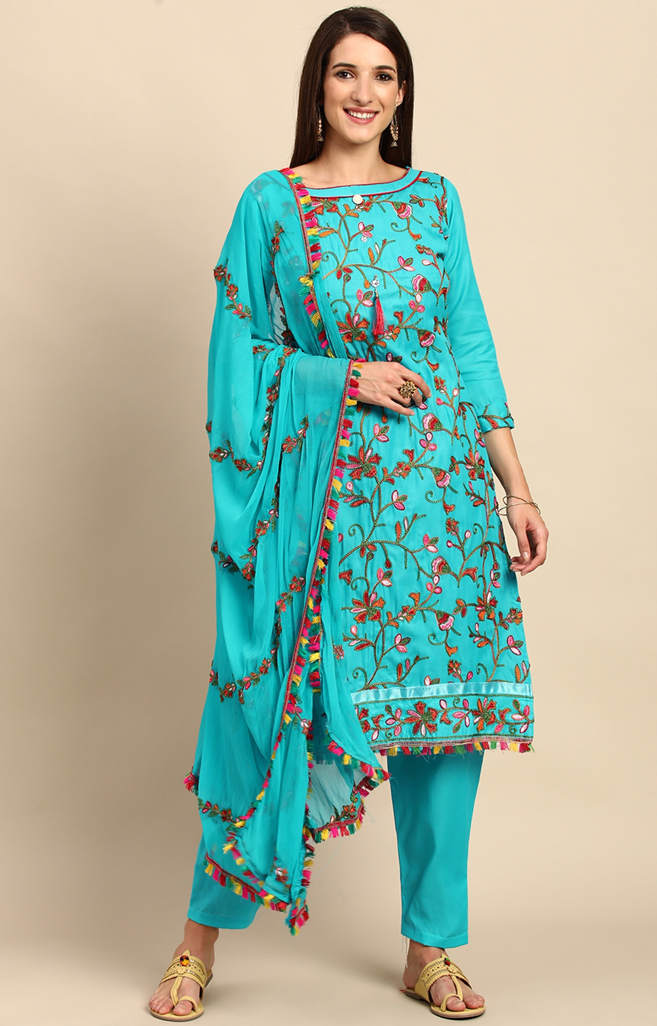Shaily Women Sea Green Color Cotton Embroidered With Tessels Unstitched Dress Material-VF_LILY_SGRN_DM