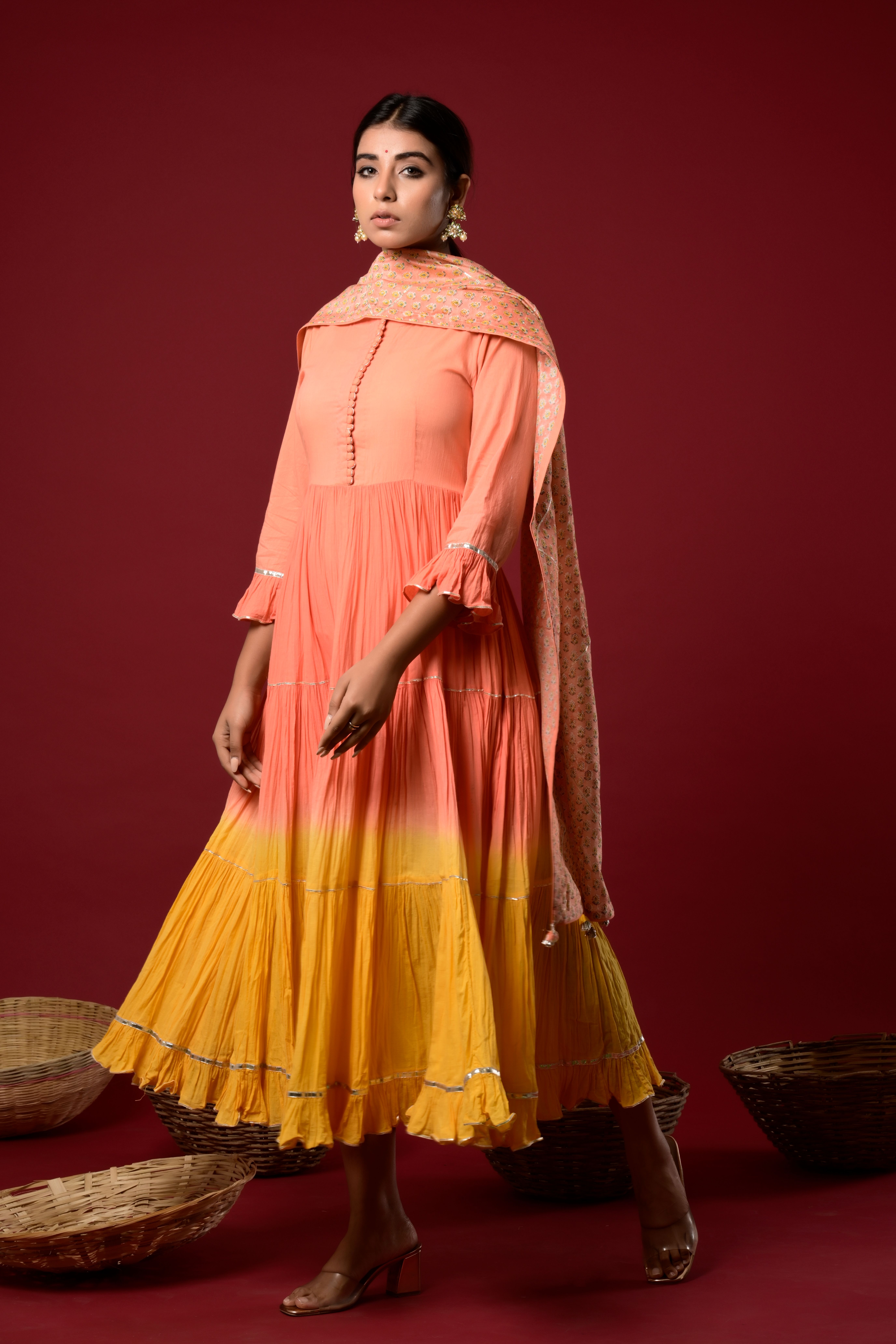 Orange tiered shaded dress with printed chanderi dupatta