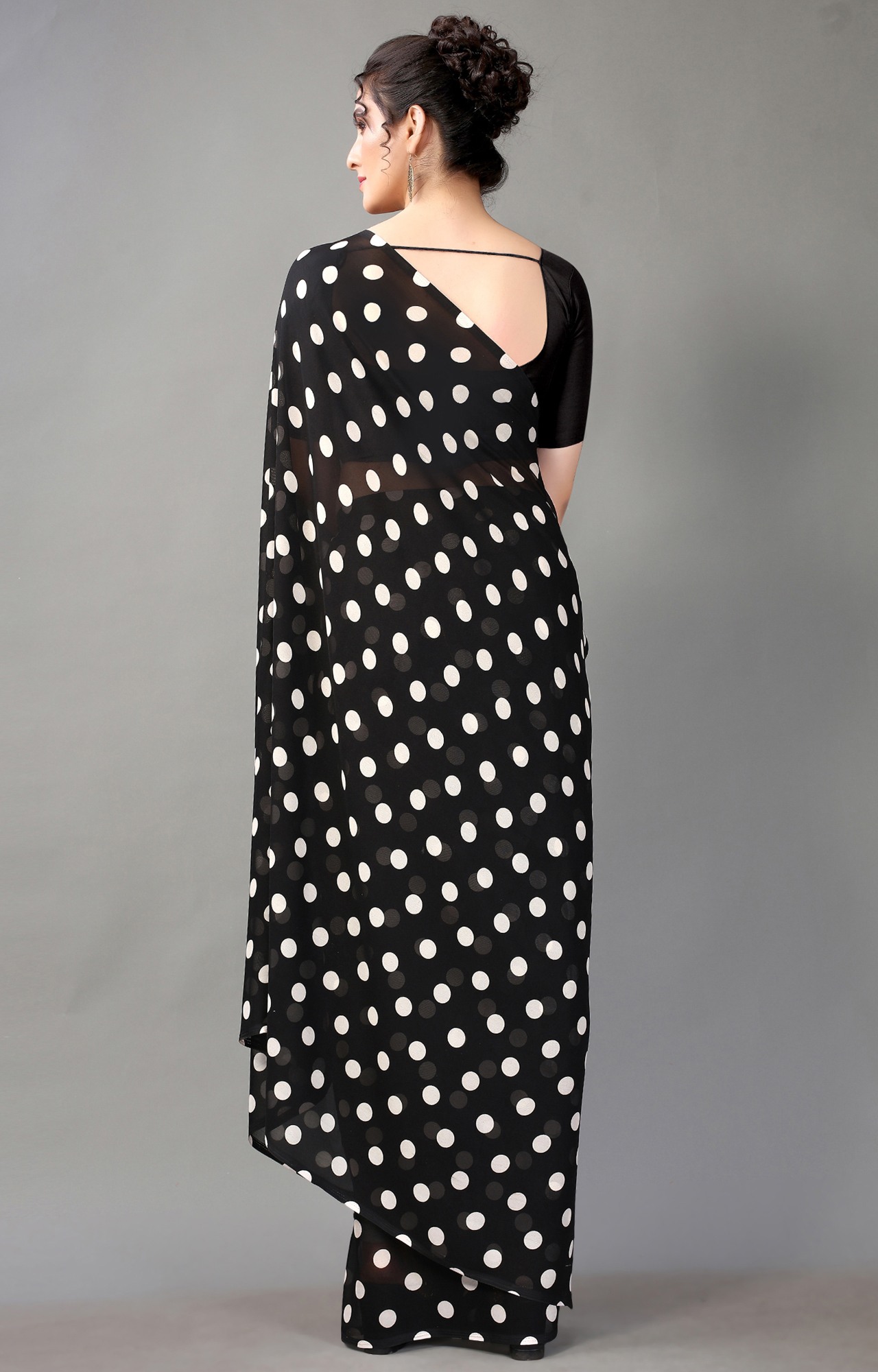 Women's Black & White Poly Georgette Polka Dot/Geometric Print Saree-HAL23RYN00043BLCK-WHT