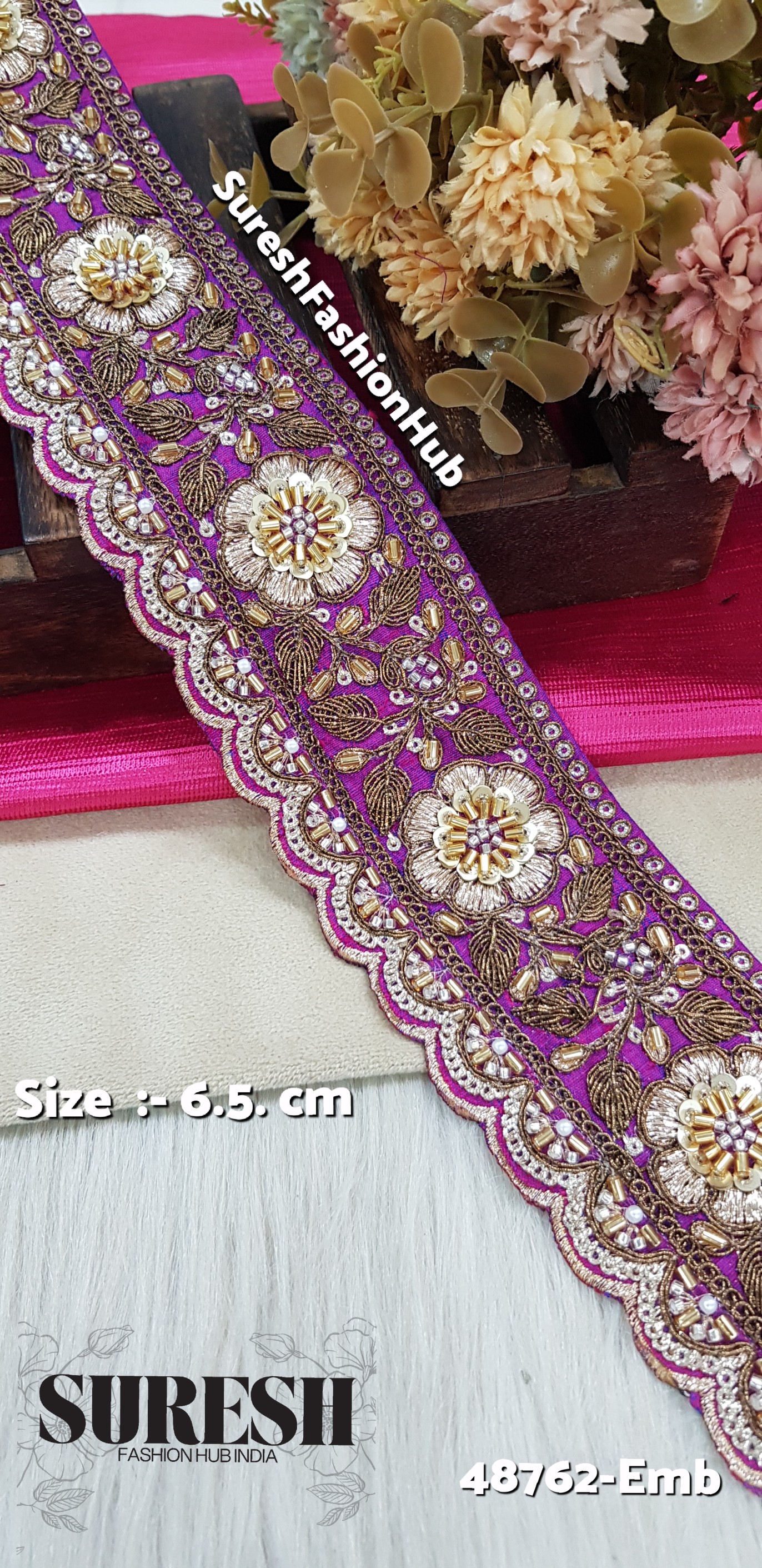 Magenta Bloomshine Machine Hand Embroidery Border – 48762-Emb