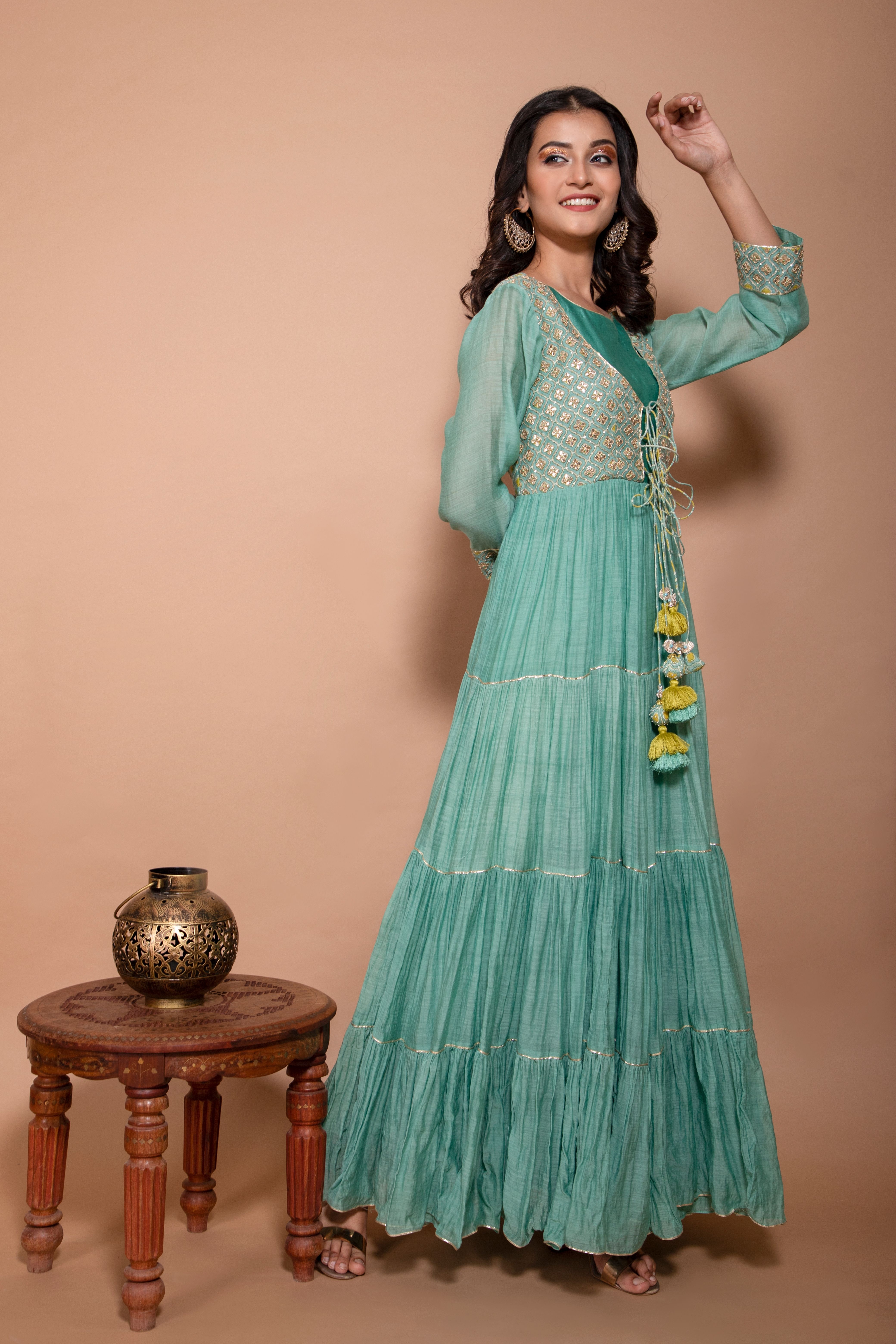 KAARAH BY KAAVYA | Tiered chanderi dress with gota work on the yoke and tassels in the front with shaded dupatta undefined