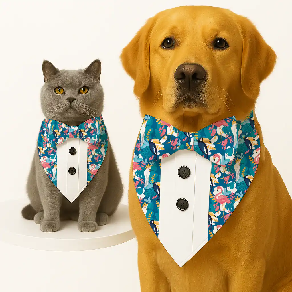 PawsIndia Flamingo Pattern Tuxedo Bandana with Black Bow for Pets