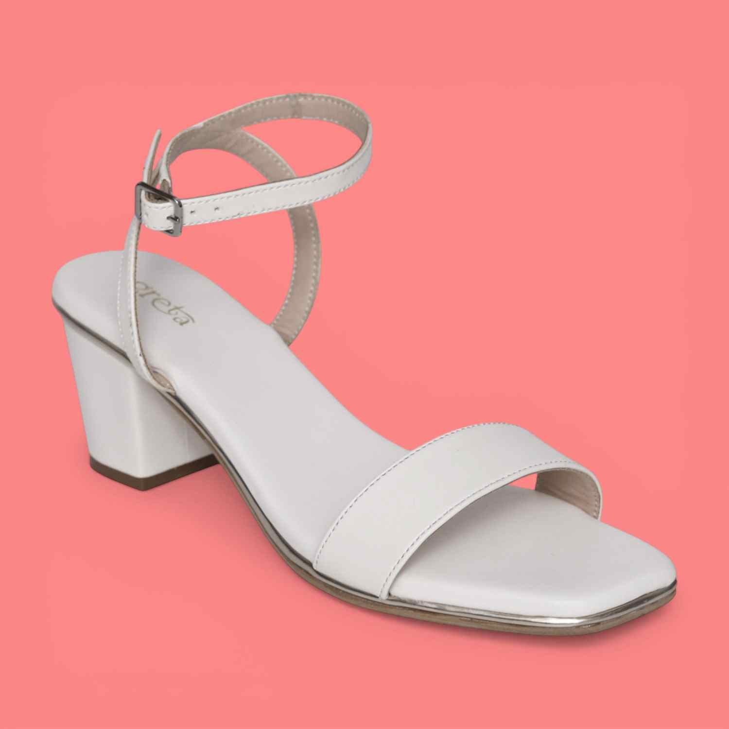 White Block Heel Sandals with Single Strap & Ankle Buckle