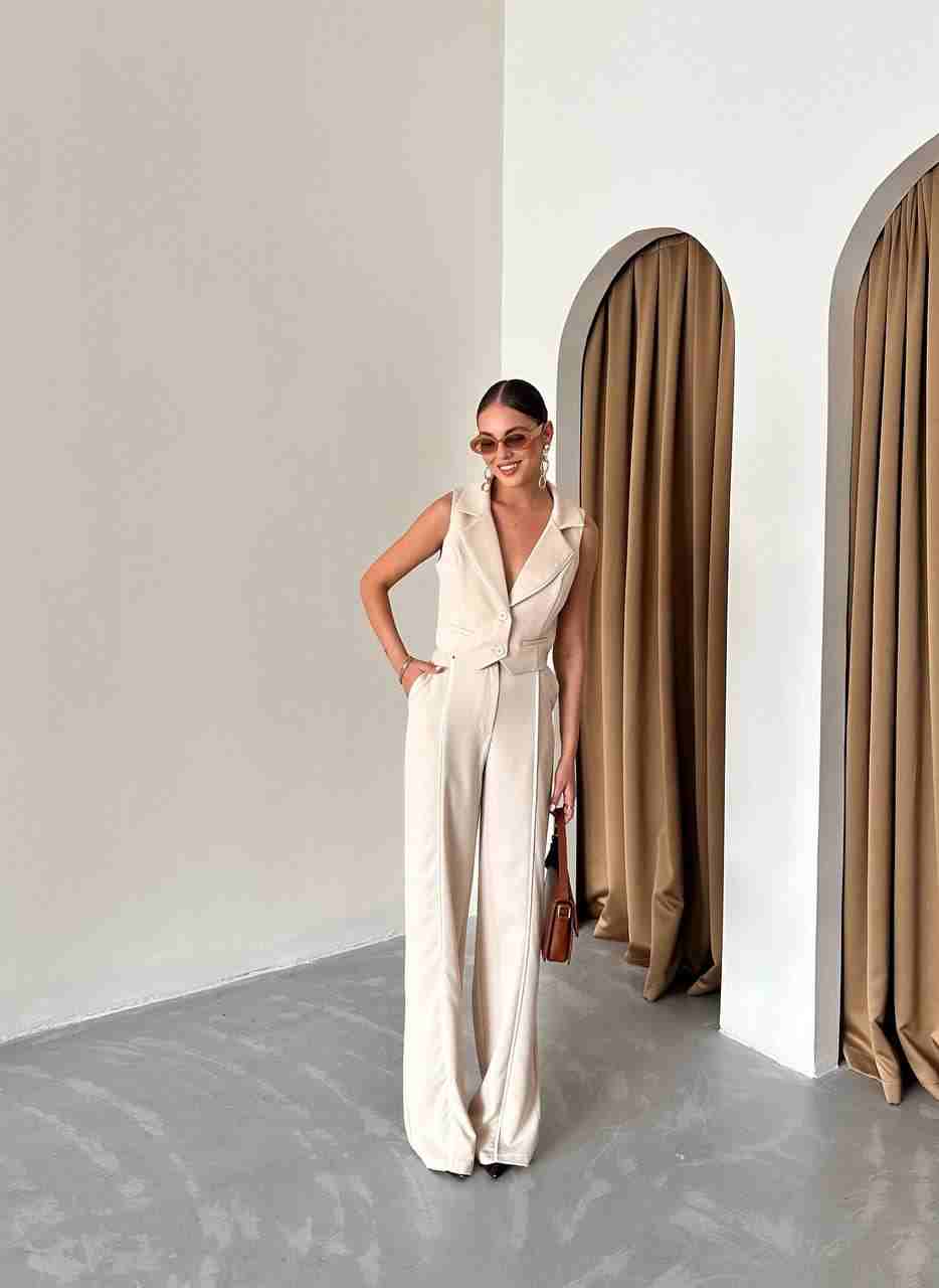 Beige waistcoat and pants co-ord set with piping