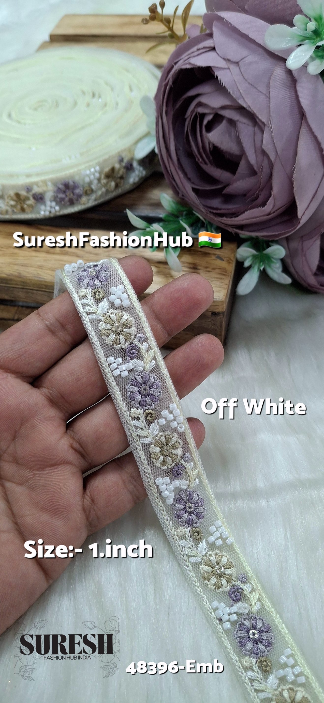 Off-White Multicolor Thread Bead Embroidery Lace