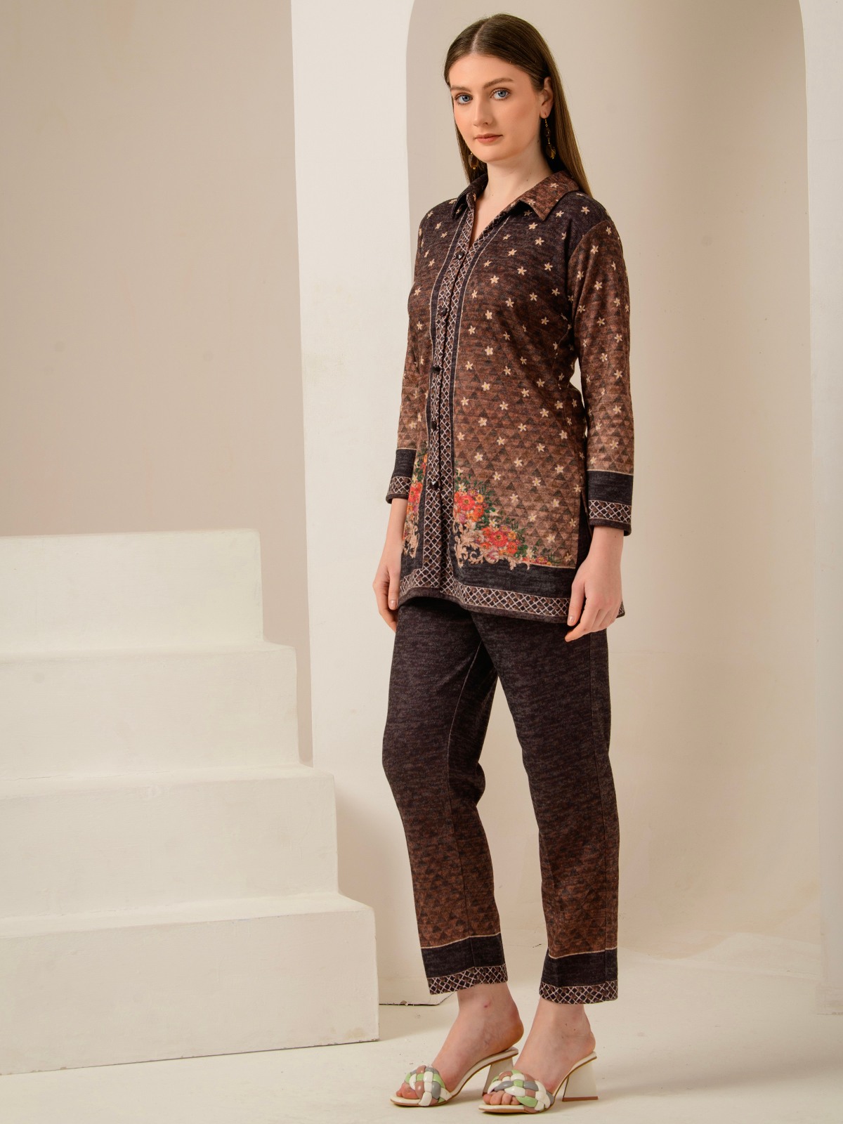 ALBION SMART BROWN LADIES WINTER WOOLEN COORDINATE SET