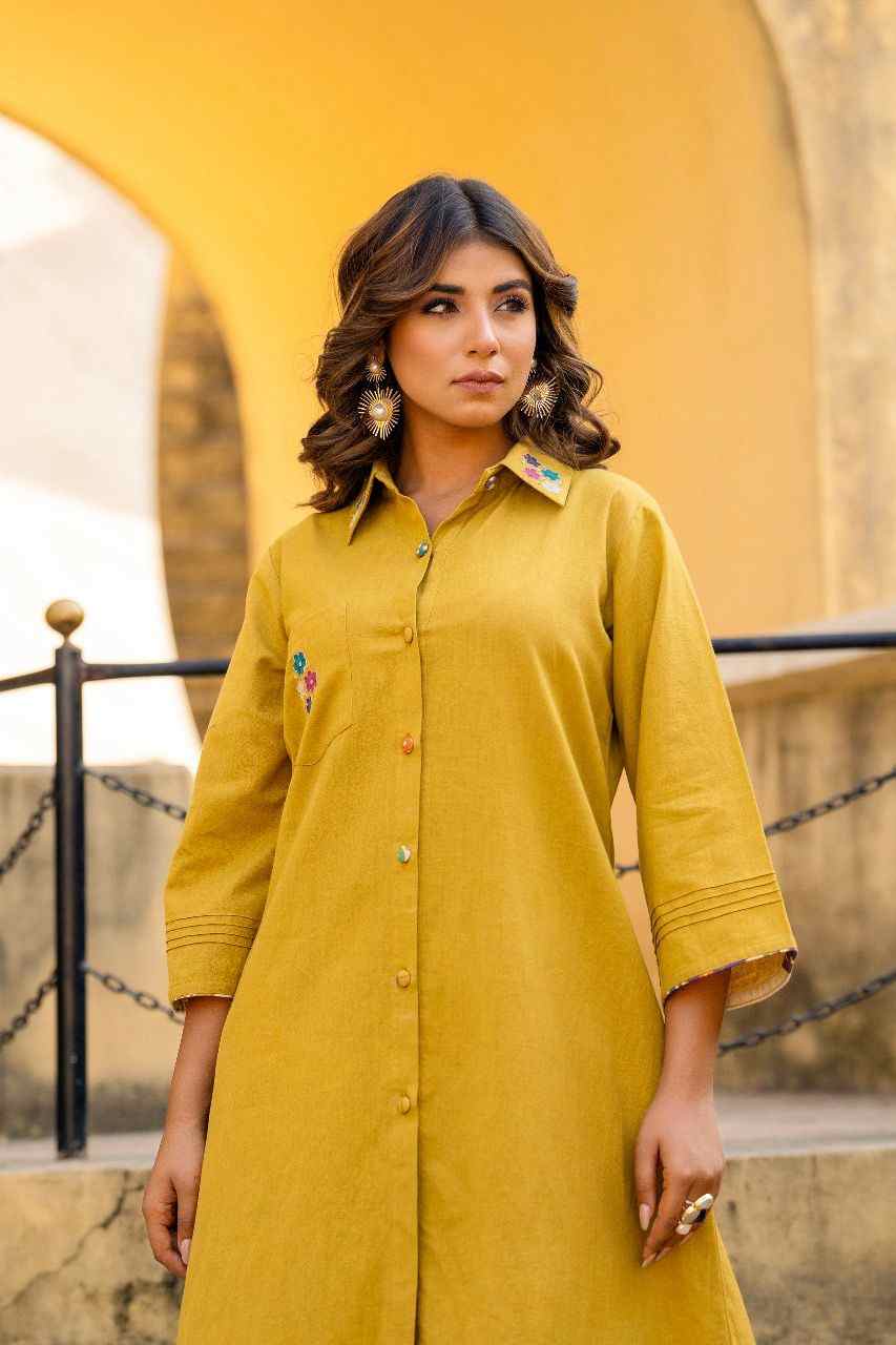 Yellow Embroidered Cord Set With High & Low Pattern Top