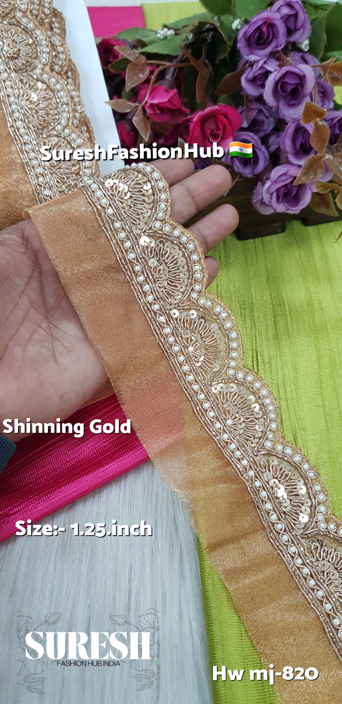 Mj-820 Shining Gold Handmade Zardosi Organza Lace