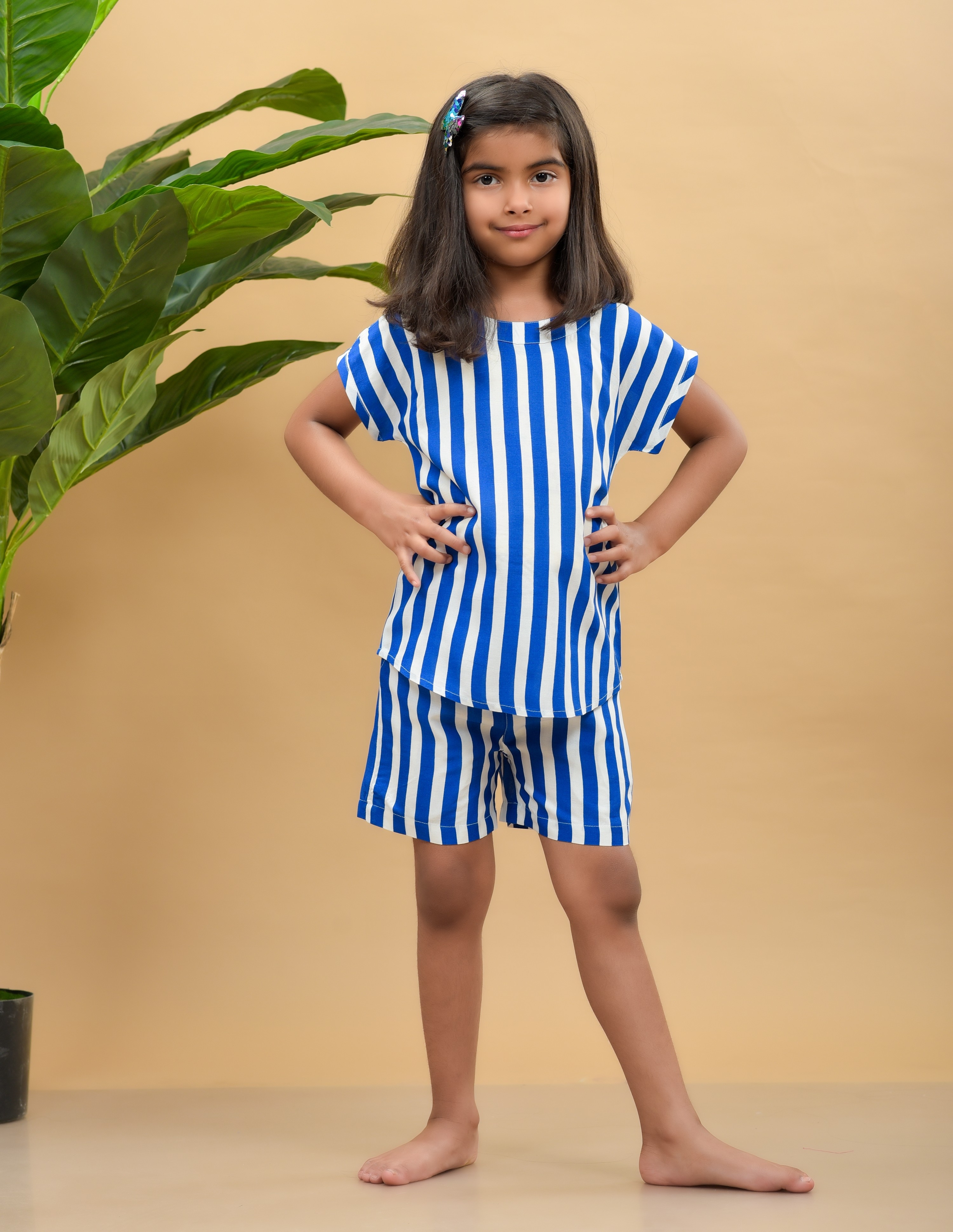 NANCI | Nanci Kids Girls Rayon Striped Top & Short Night Suit-Navy Blue 0
