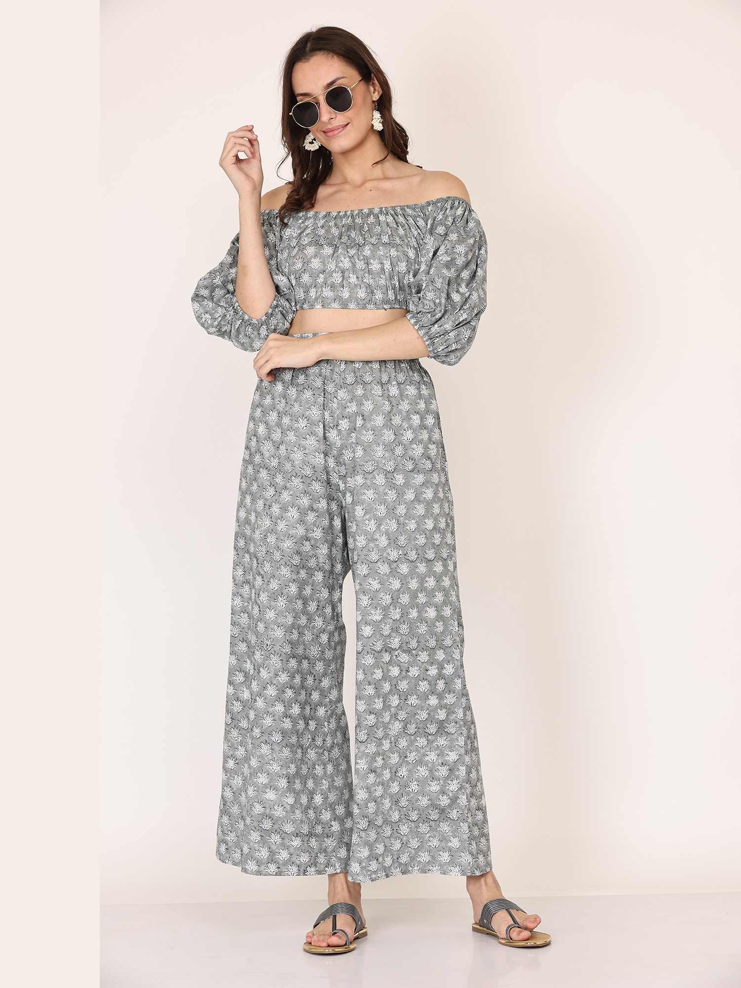 Alice18 Women's Elegant Grey Floral Off-Shoulder Co-Ord Set