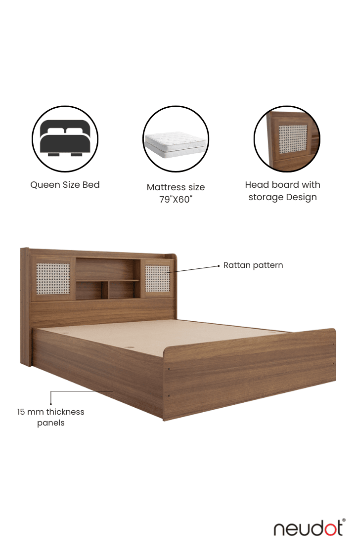 Sakura Rattan Box & Headboard Storage Bed - Queen, Leon Teak Finish