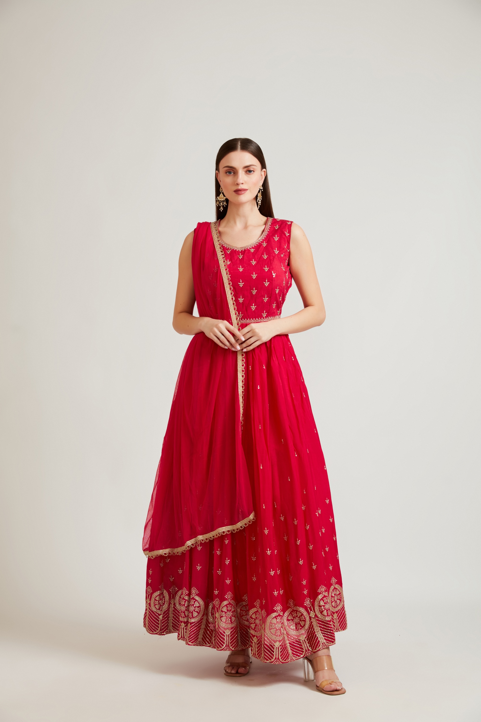 Neerus Magenta Pleated Anarkali Floor Length Embroidered Kurta And Solid Leggings With Dupatta