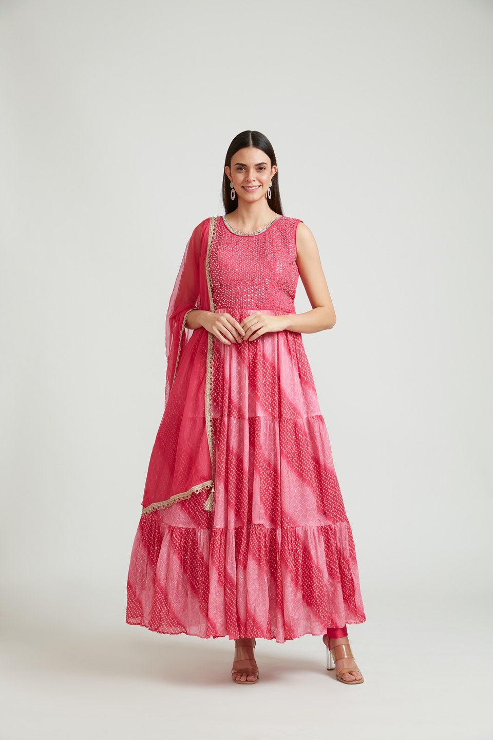 Neerus Magenta Bandhani Embroidered Kurta Solid Leggings With Dupatta