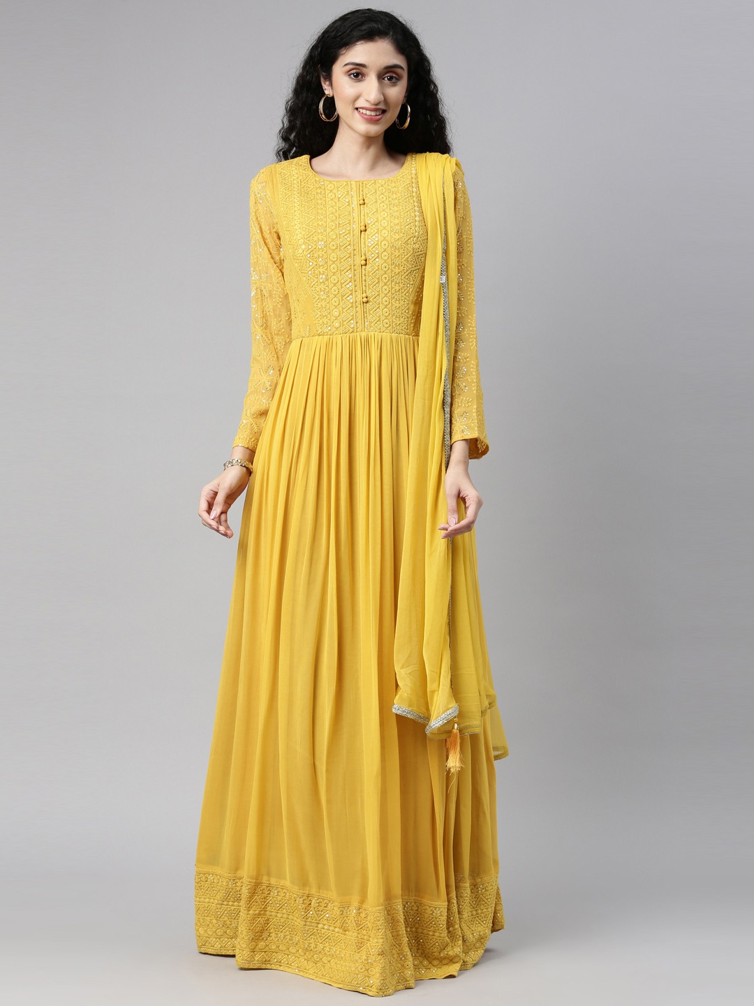 Neerus Mustard Embroidered Ethnic Gown with Dupatta