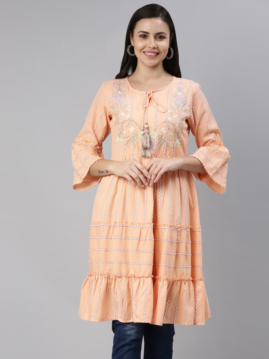 Neerus Coral Floral A Line Round Neck Kurtis