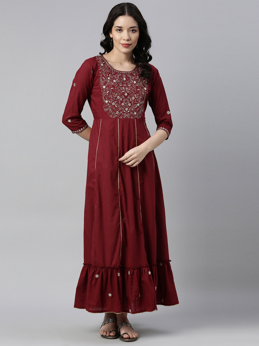 Neerus MAROON Floral Thread Work Embroidered Anarkali Panelled Kurtas