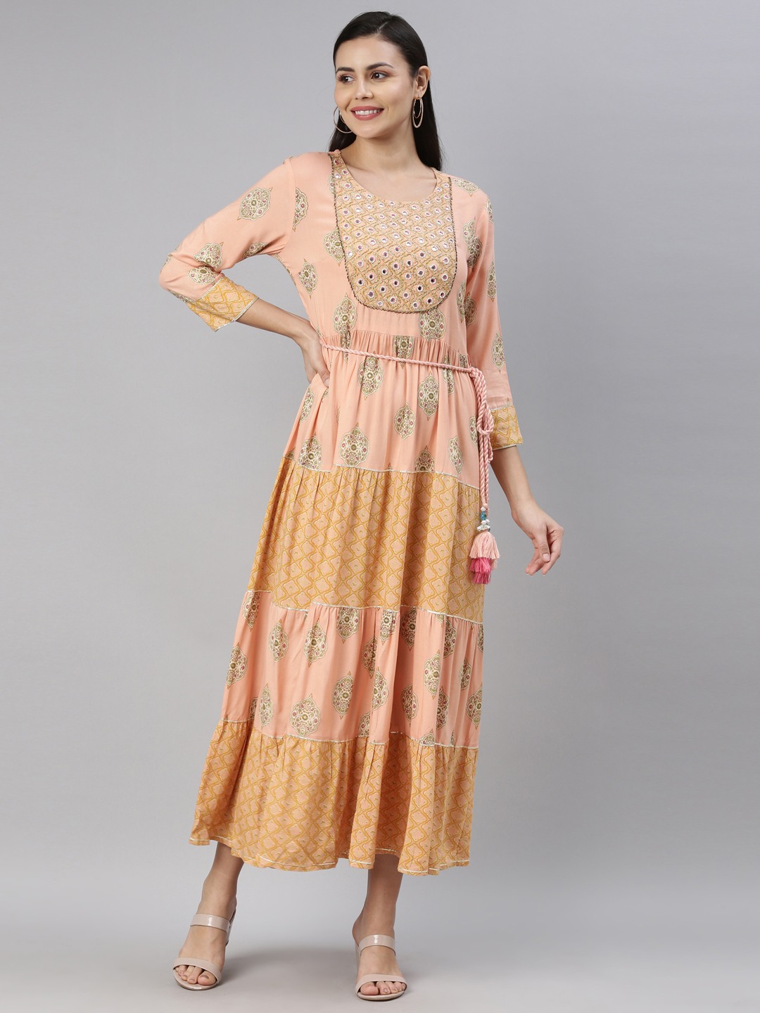 Neerus Peach Floral Yoke Design A-Line Round Neck Regular Kurtas