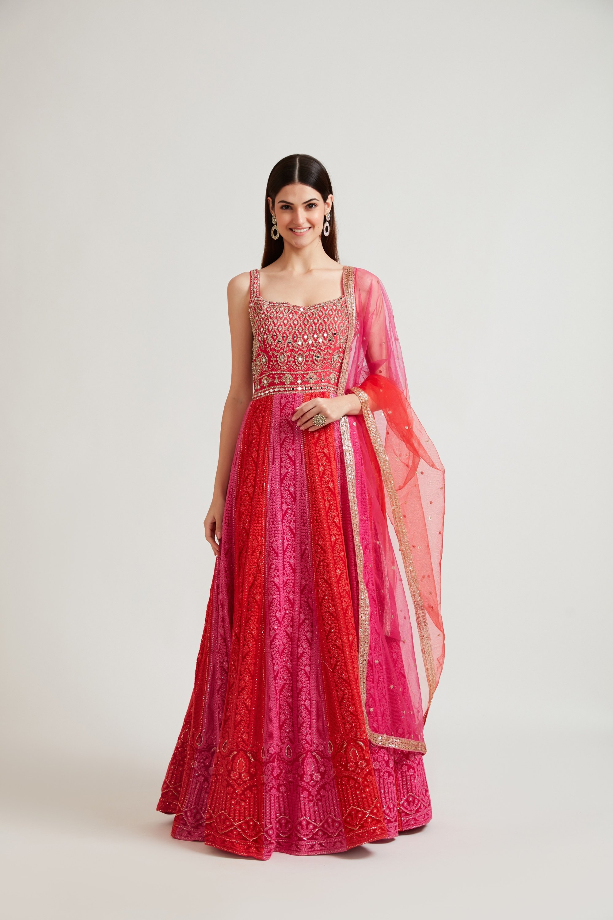 Neerus Magenta Flared Ethnic Embroidered Gown With Dupatta