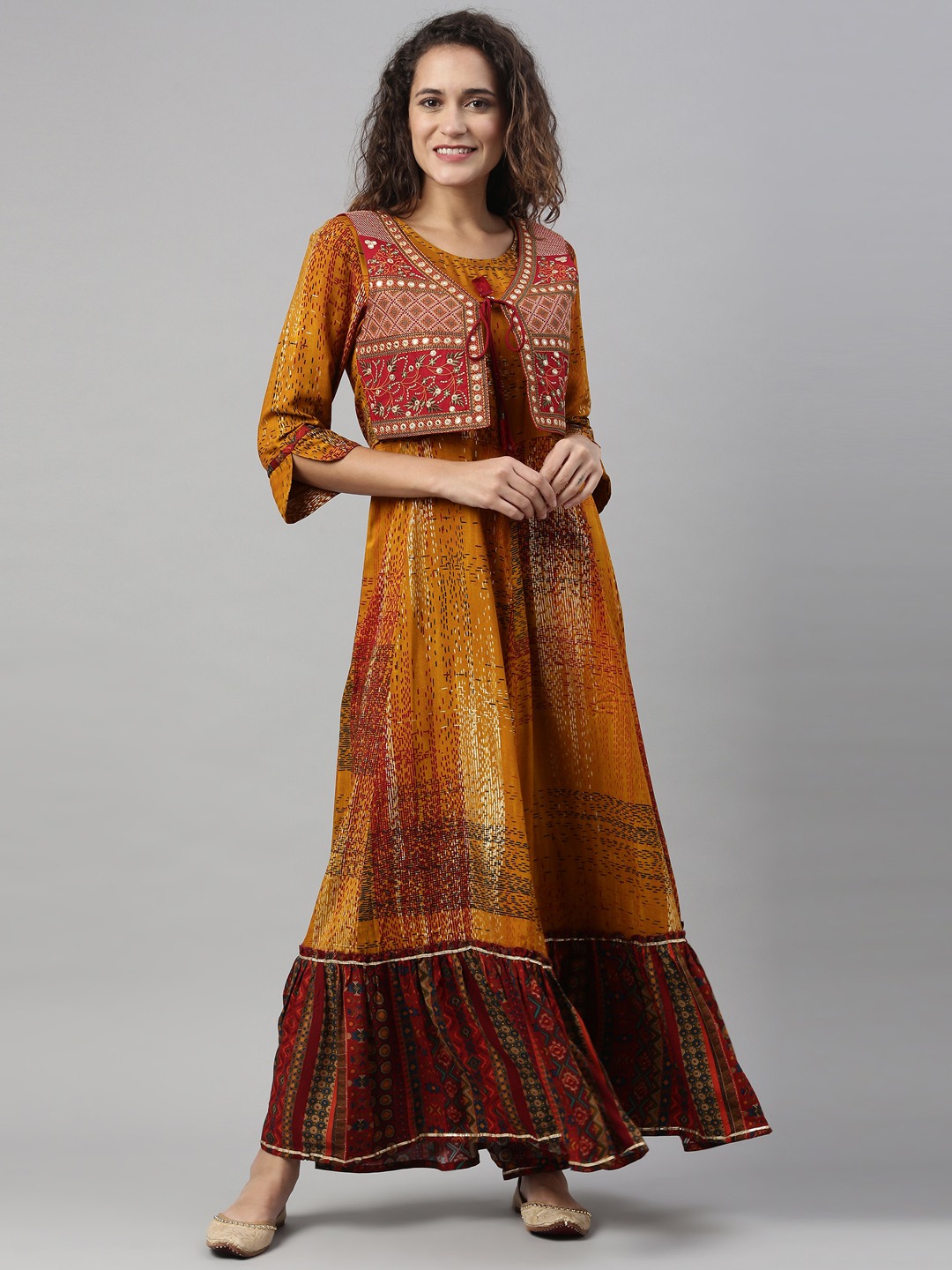 Neerus Mustard Abstract Print And Phulkari Over-Coat A-Line Flared Kurtas