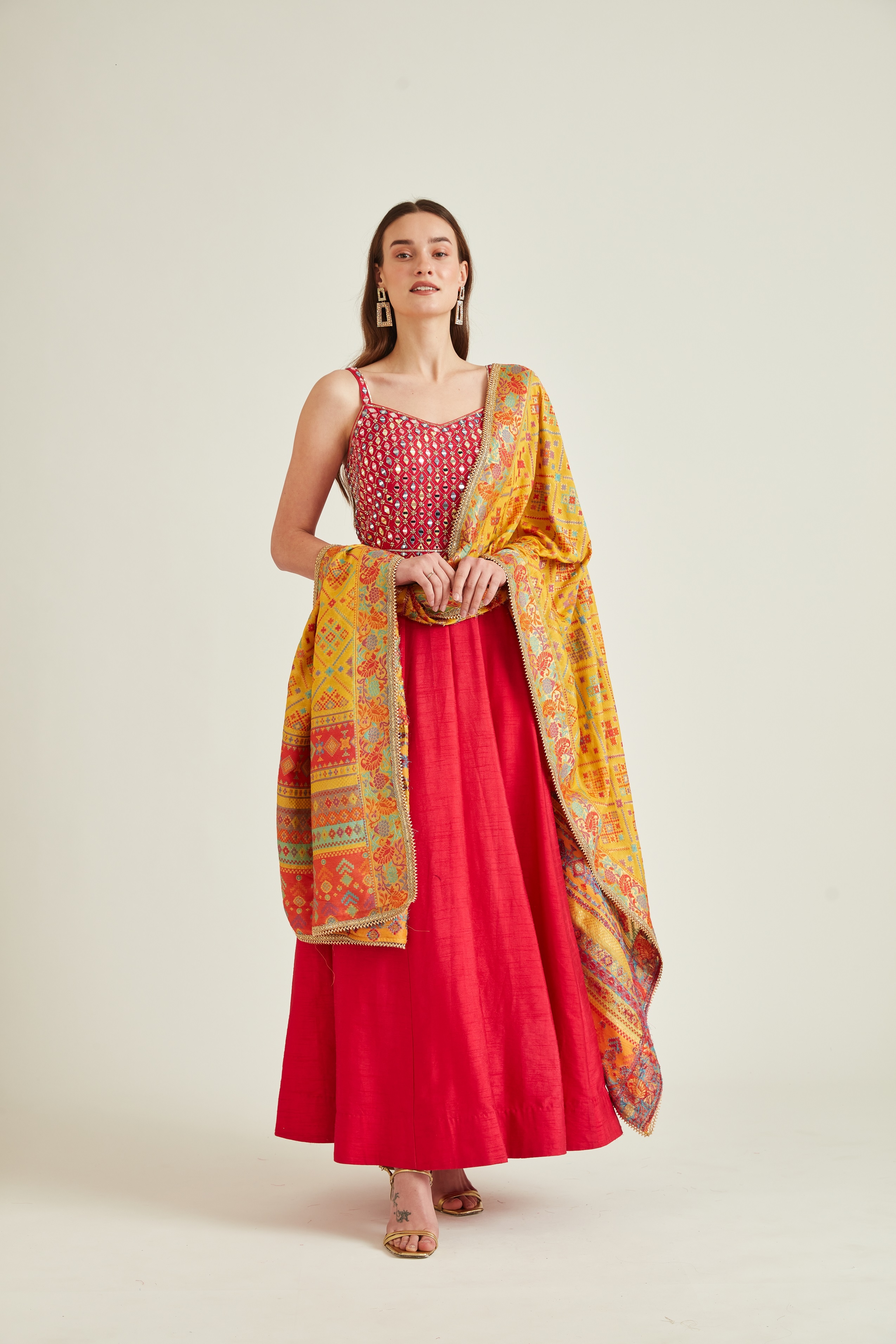 Neerus | Neeru'S Rani Gown With Embroidered Using With Zari And mirror Work On Yoke Base Along With Dupatta 0