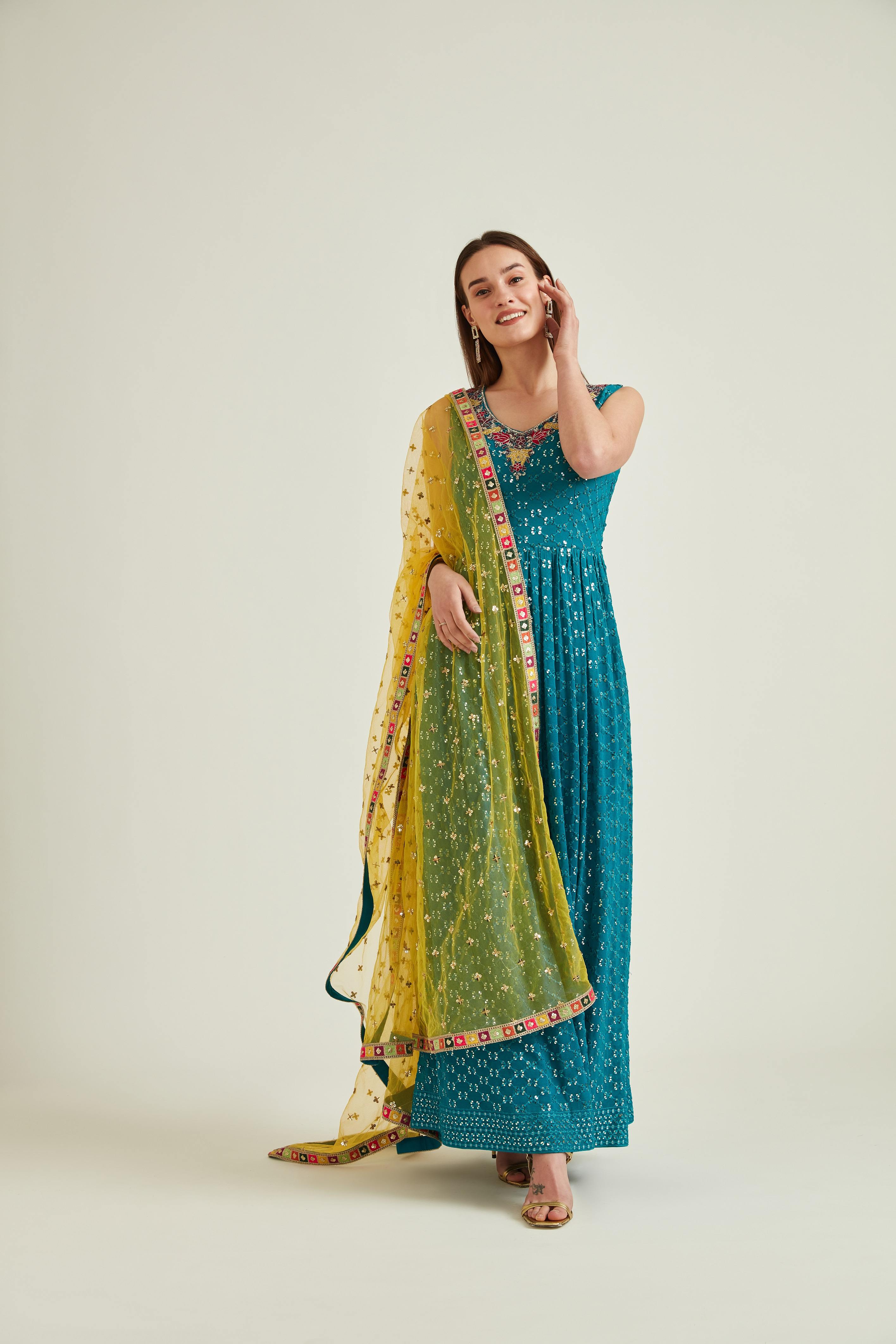 Neeru'S Teal Anarkali With All Over Sequaence And Resham Work And Neck Line Embroidered With Bottom And Dupatta