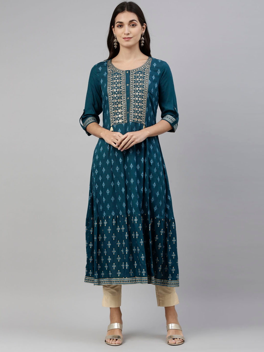 Buy NEERUS Green Printed V Neck Rayon Women's Maxi Dress | Shoppers Stop