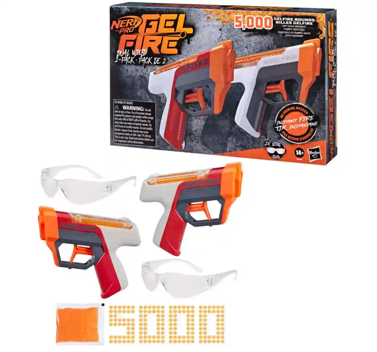 Nerf Pro Gelfire Dual Wield Pack, 2 Blasters, 5000 Gelfire Rounds, 2x 100 Round Integrated Hoppers, 2 Eyewear, 14Y+