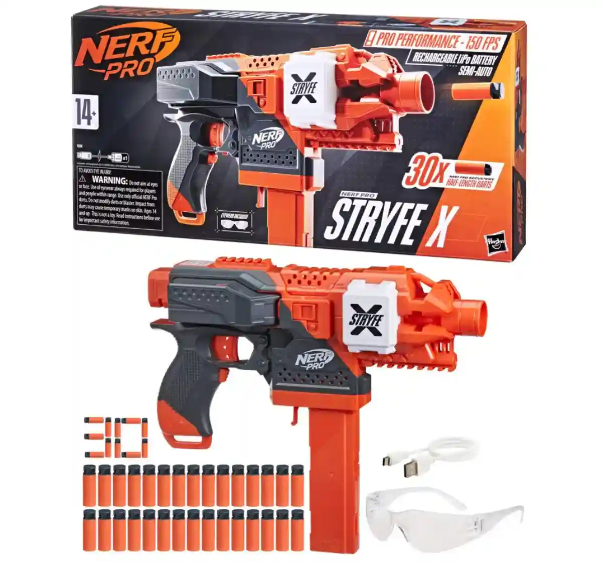 Nerf Pro Stryfe X Dart Blaster, Rechargeable Battery, 30 Nerf AccuStrike Half-Length Darts, 15-Dart Magazine, Eyewear, 14Y+