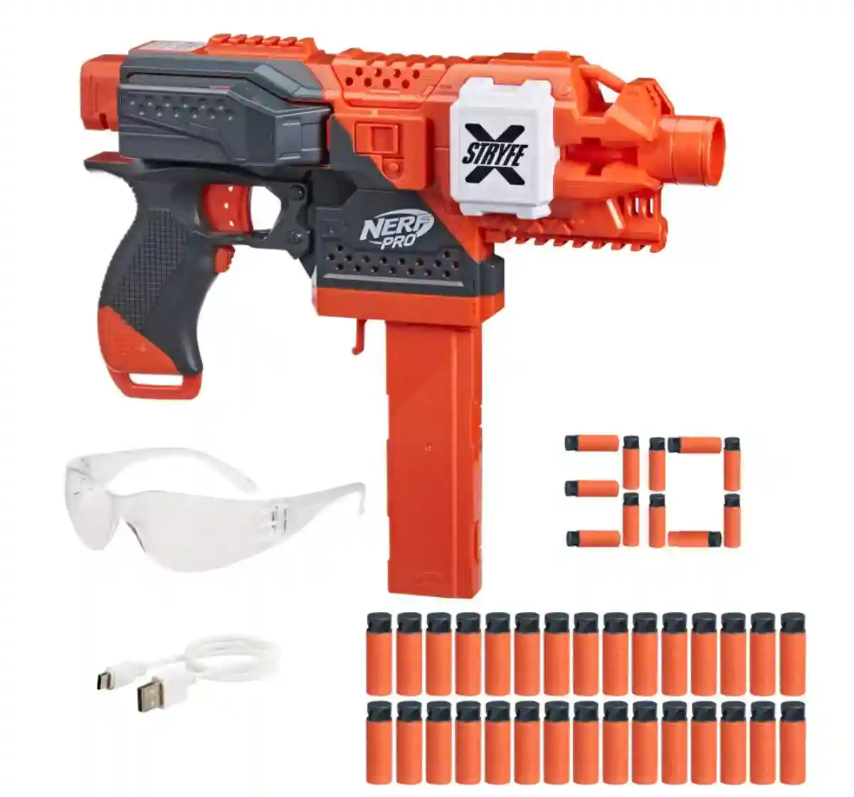 Nerf Pro Stryfe X Dart Blaster, Rechargeable Battery, 30 Nerf