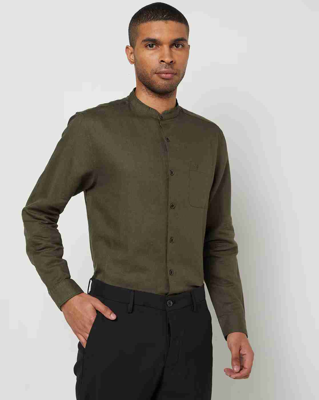 Men Slim Fit Shirt with Band Collar