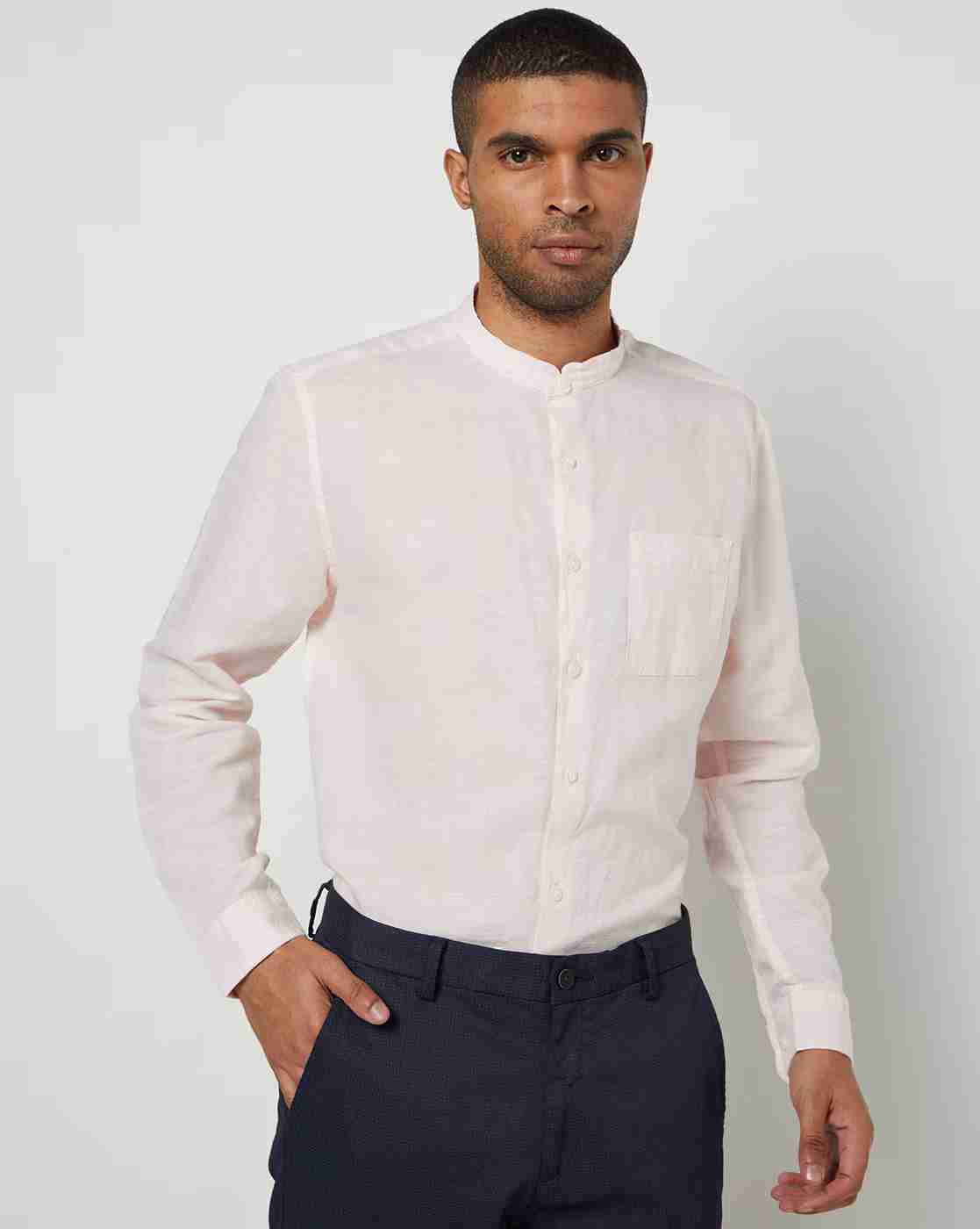 Men Slim Fit Shirt with Band Collar