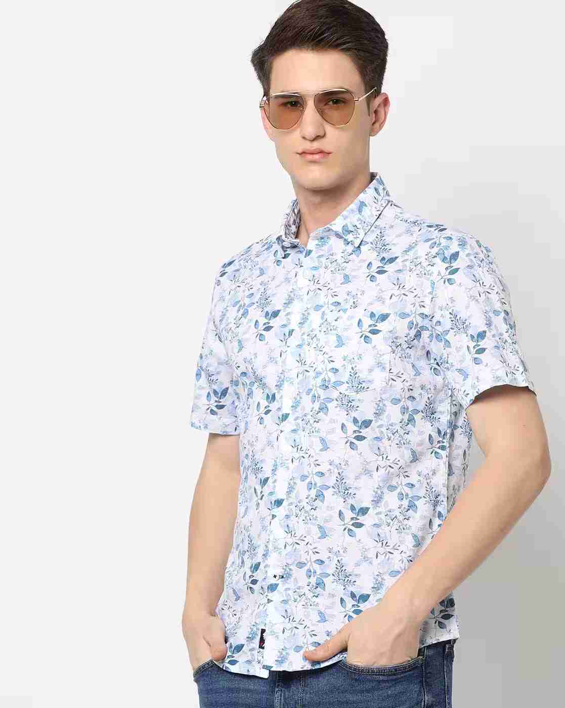 Leaf Print Slim Fit Shirt with Patch Pocket