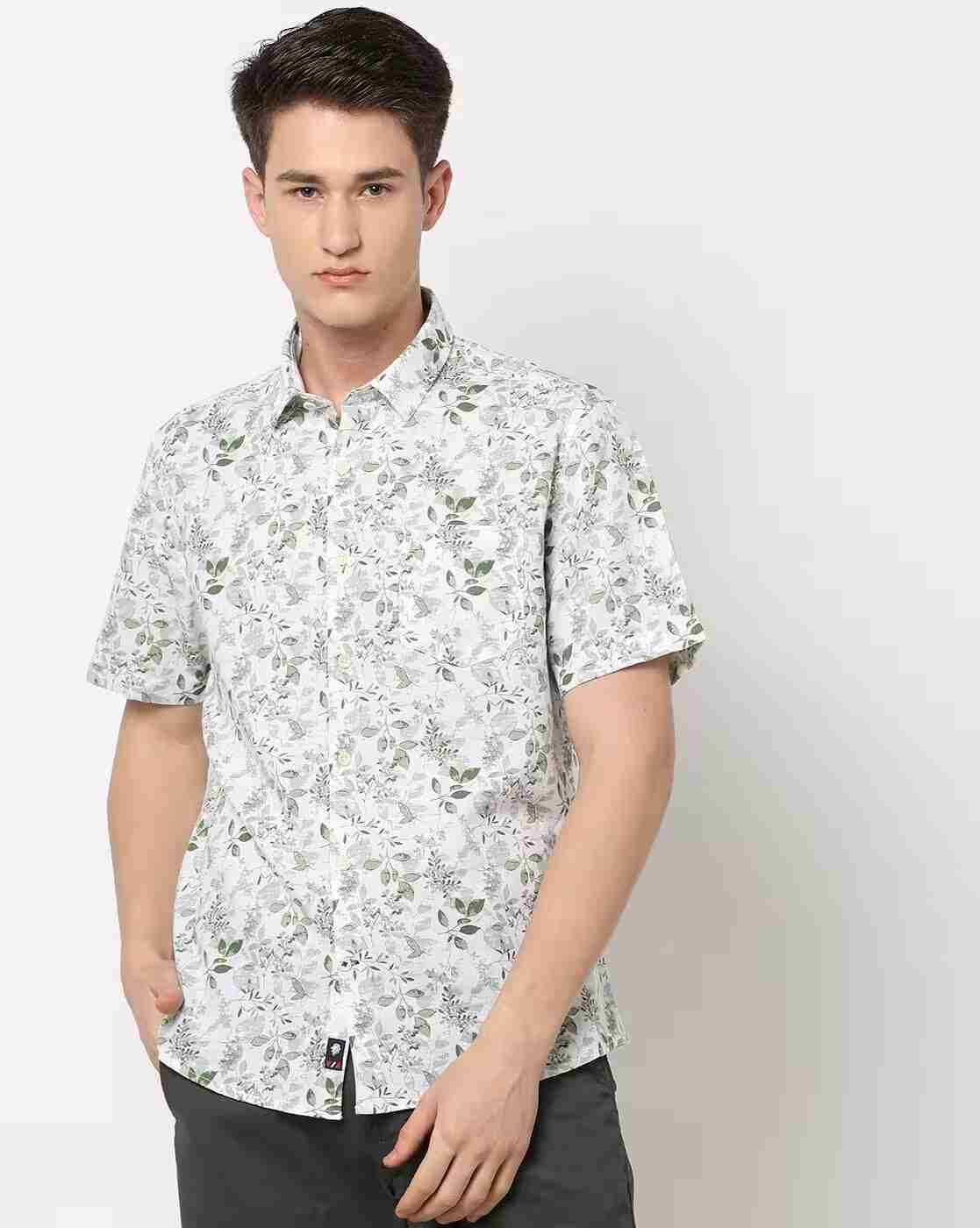 Leaf Print Slim Fit Shirt with Patch Pocket