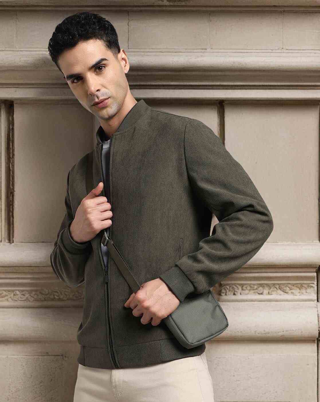 Men Regular Fit Zip-Front Bomber Jacket