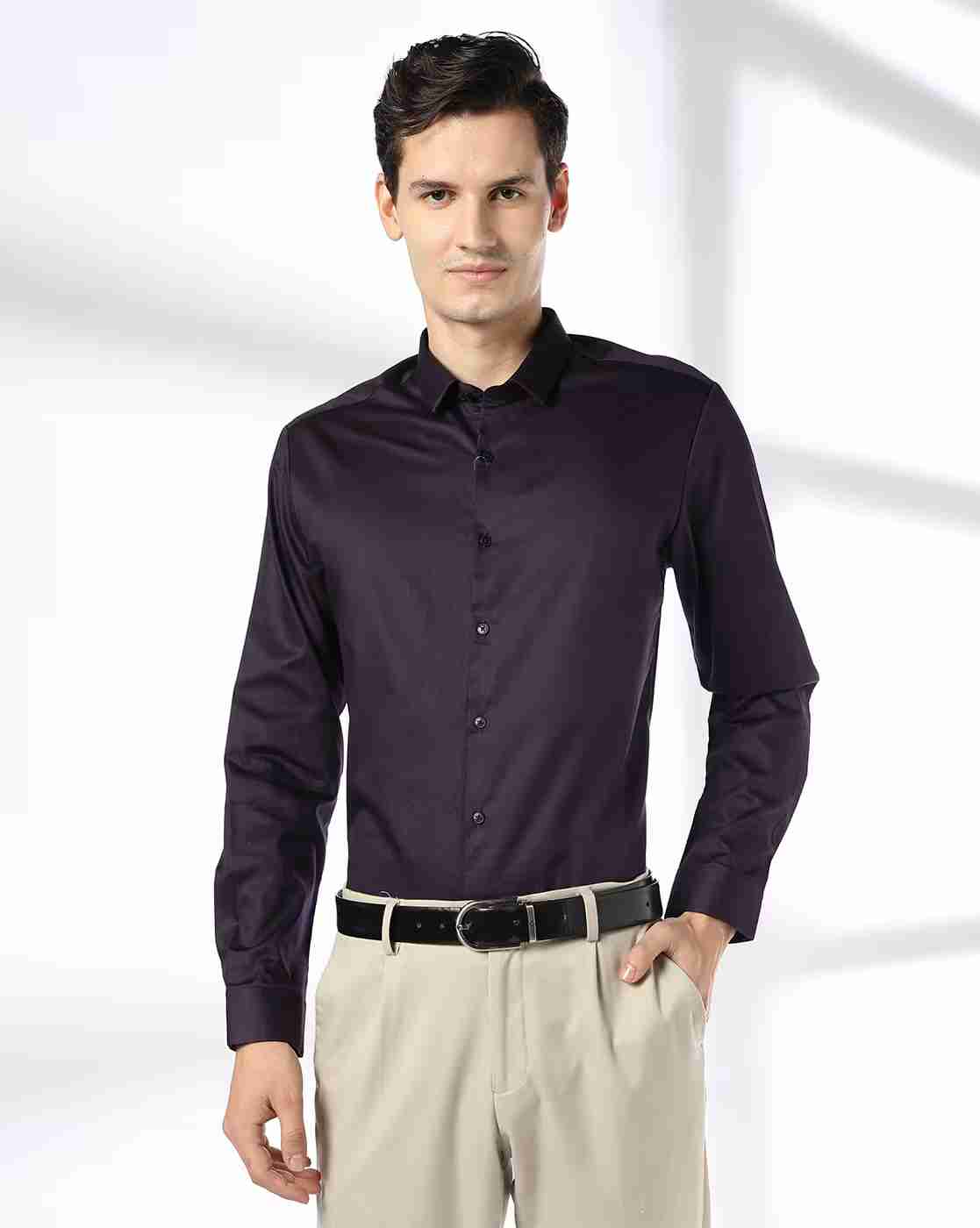 Men Slim Fit Shirt with Spread Collar