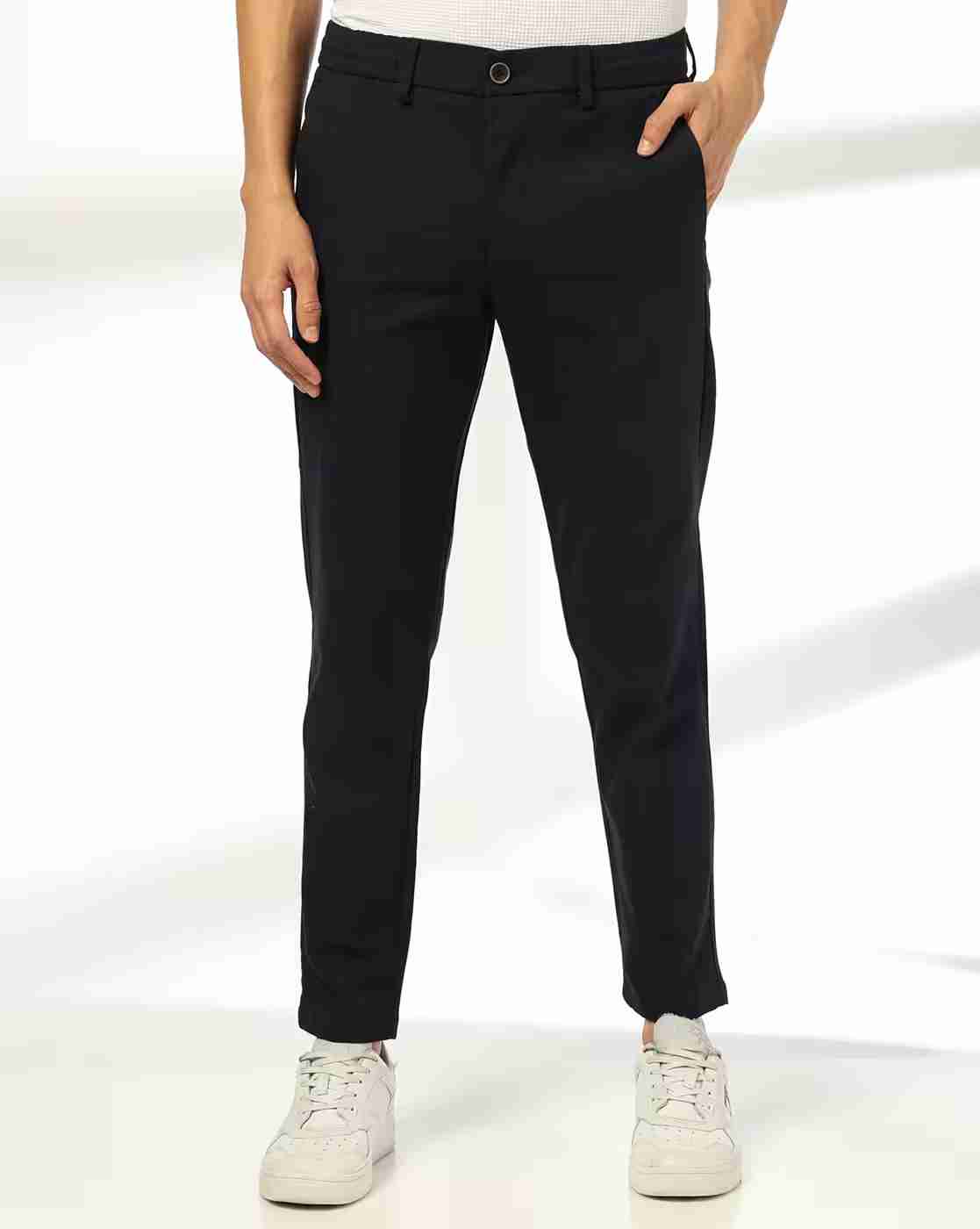 Men Broad Striped Cropped Fit Flat-Front Chinos