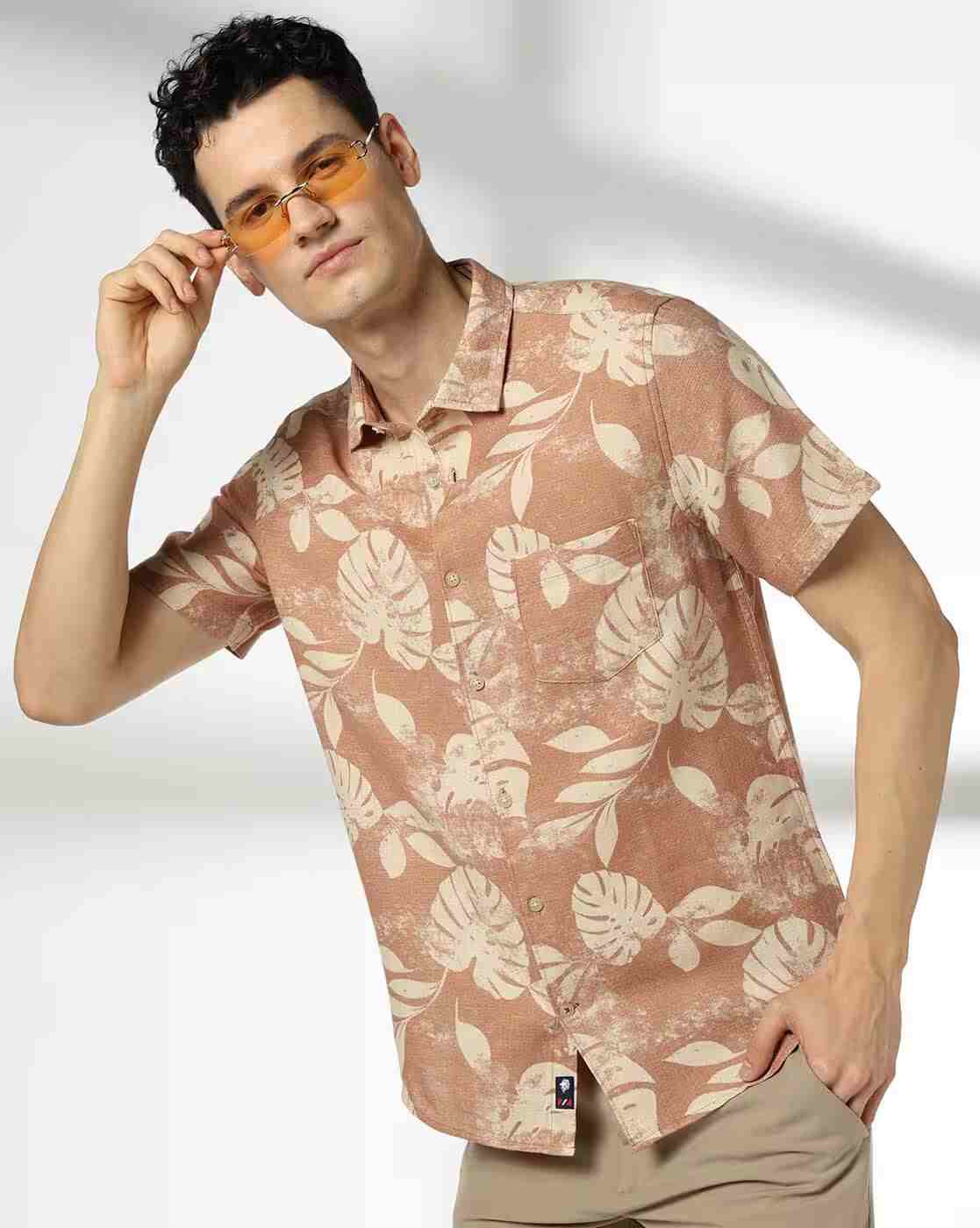NETPLAY | Men Leaf Print Regular Fit Cotton Shirt|0