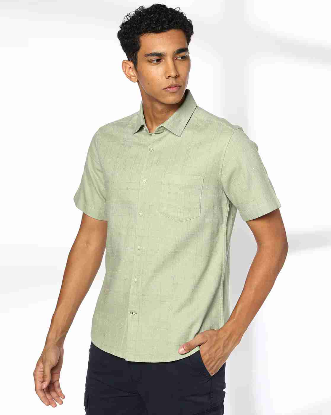 Men Regular Fit Cotton Shirt with Patch Pocket