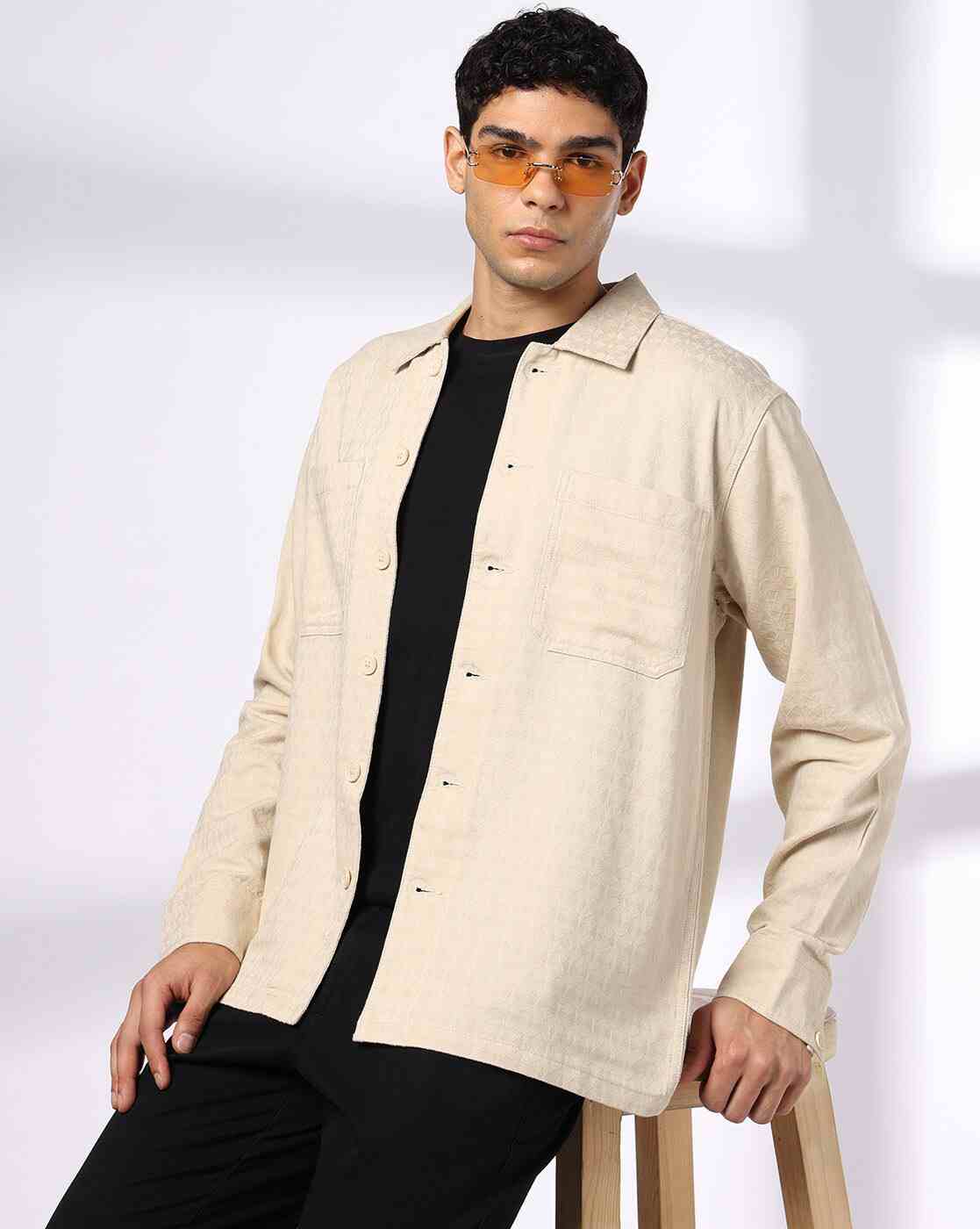 Men Striped Slim Fit Shacket with Patch Pockets