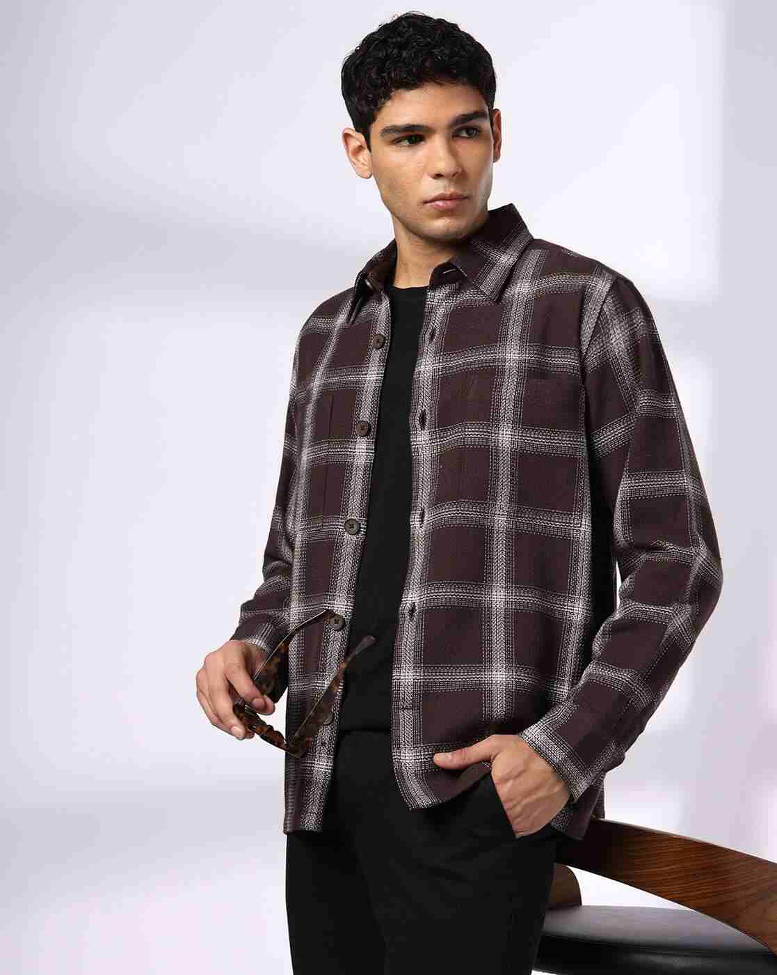 Men Checked Slim Fit Shacket with Patch Pockets