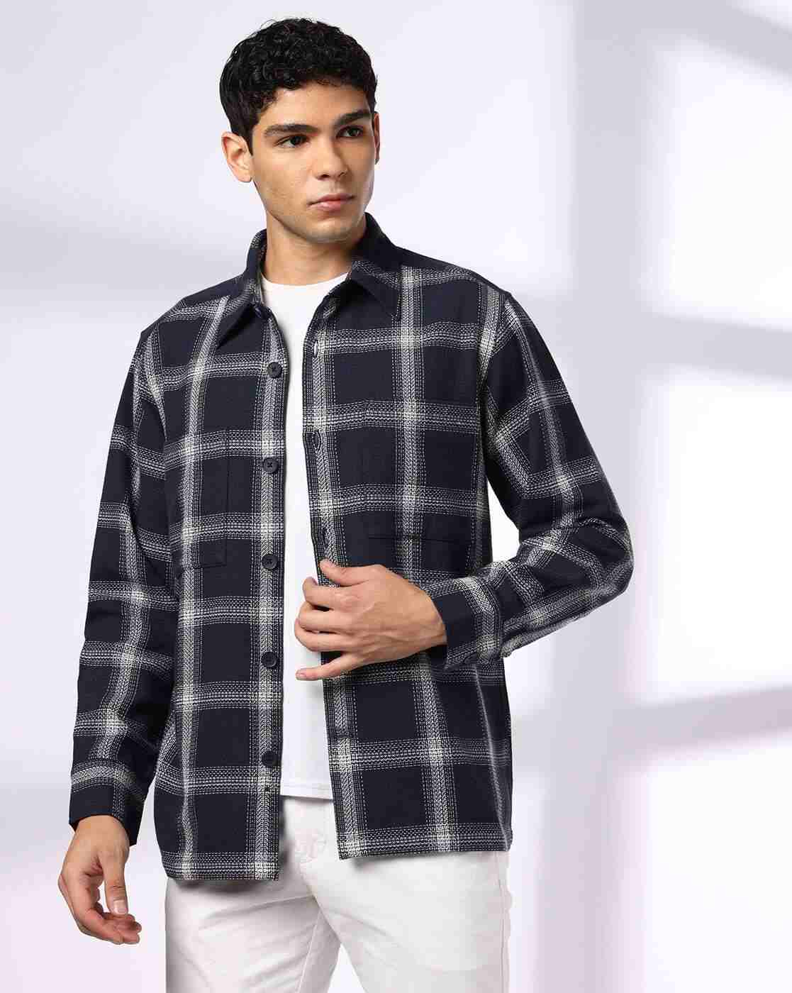 NETPLAY | Men Checked Slim Fit Shacket with Patch Pockets|0