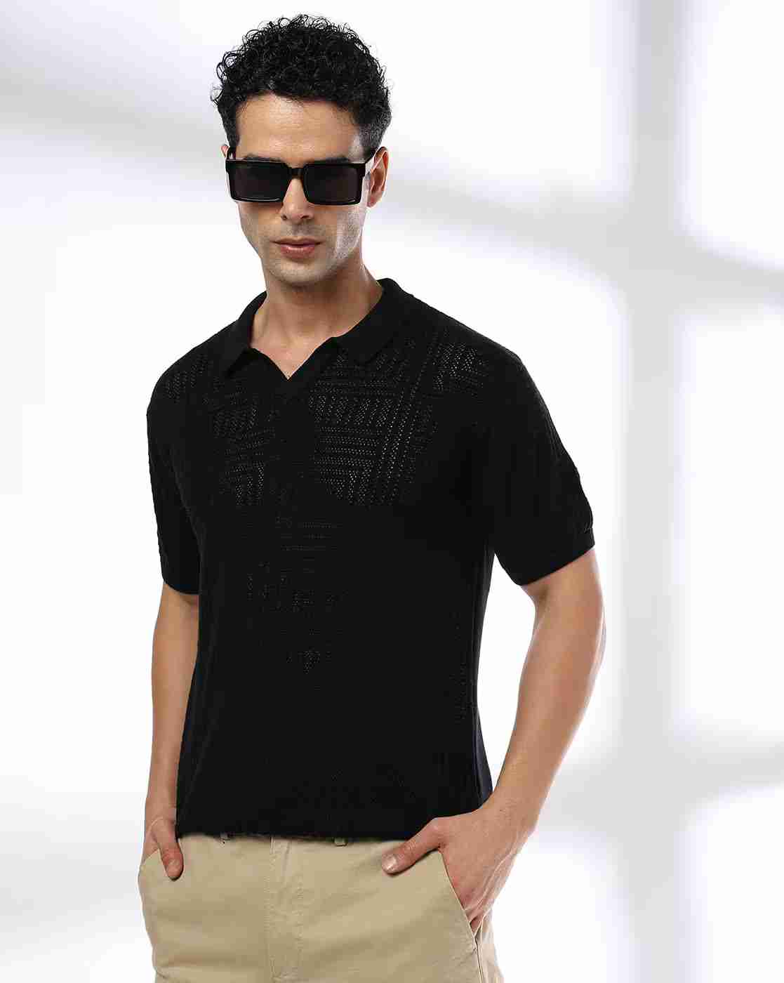 Men Self-Structured Slim Fit Polo T-Shirt