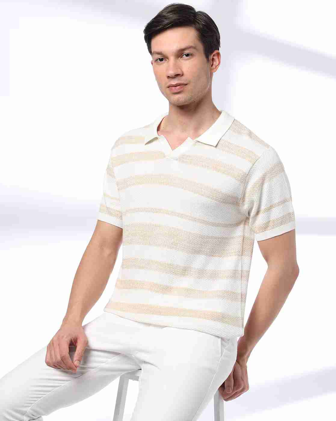 Men Striped Flat-Knit Polo T-Shirt