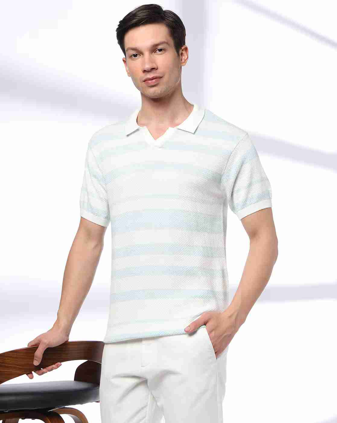 Men Striped Flat-Knit Polo T-Shirt