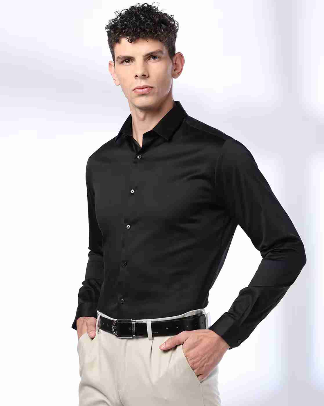Men Slim Fit Shirt with Spread Collar