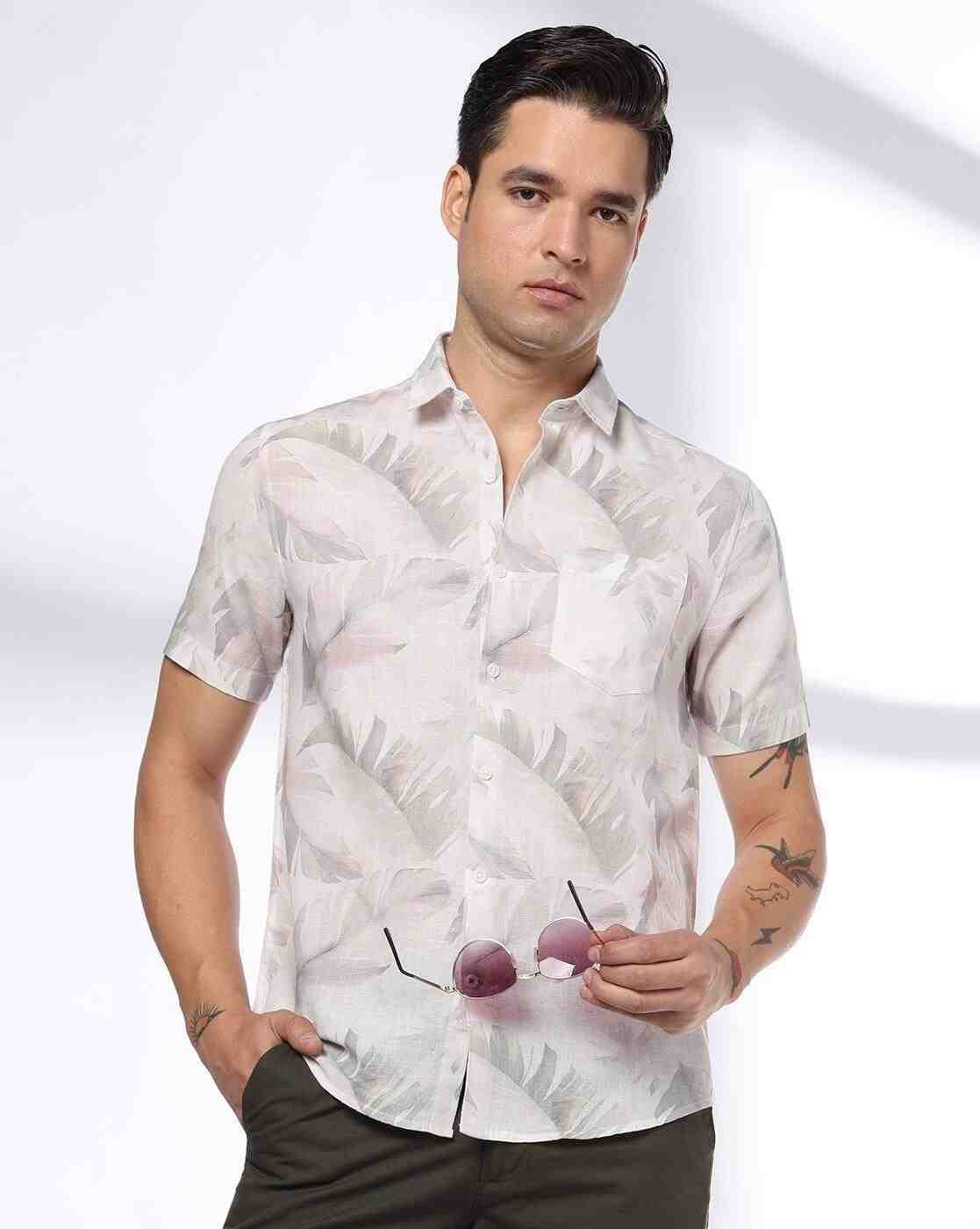 NETPLAY | Men Leaf Print Slim Fit Shirt with Patch Pocket|0