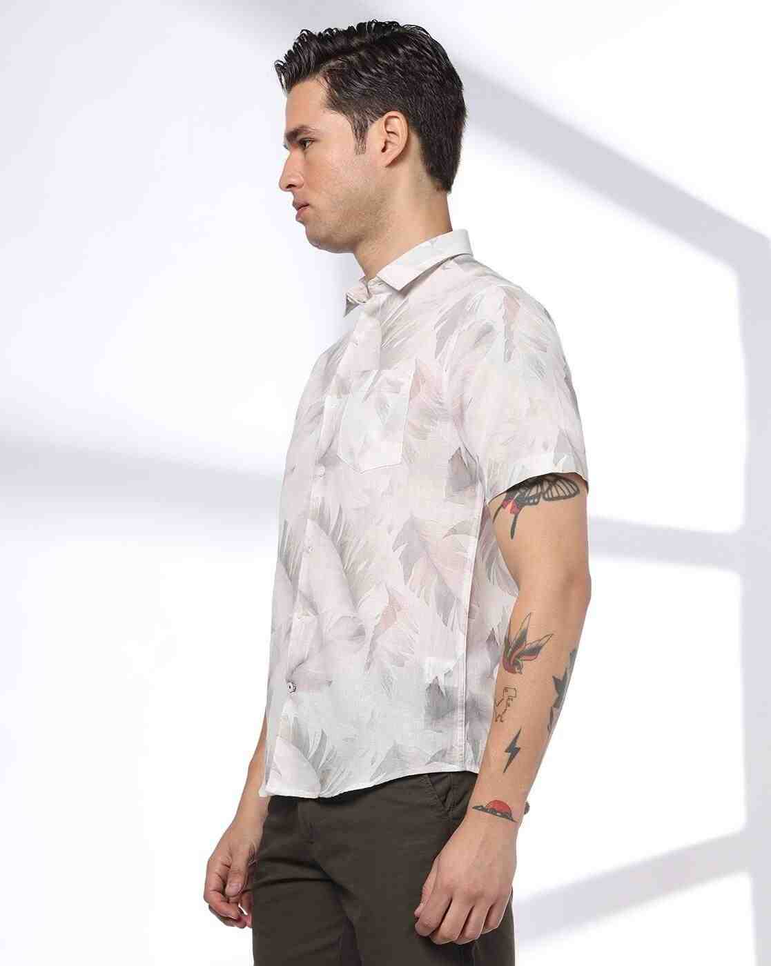 NETPLAY | Men Leaf Print Slim Fit Shirt with Patch Pocket|1