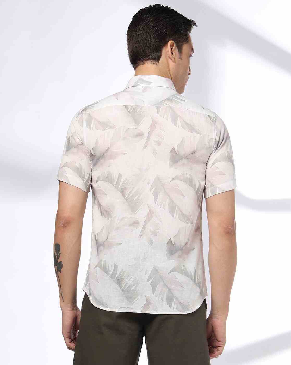 NETPLAY | Men Leaf Print Slim Fit Shirt with Patch Pocket|2