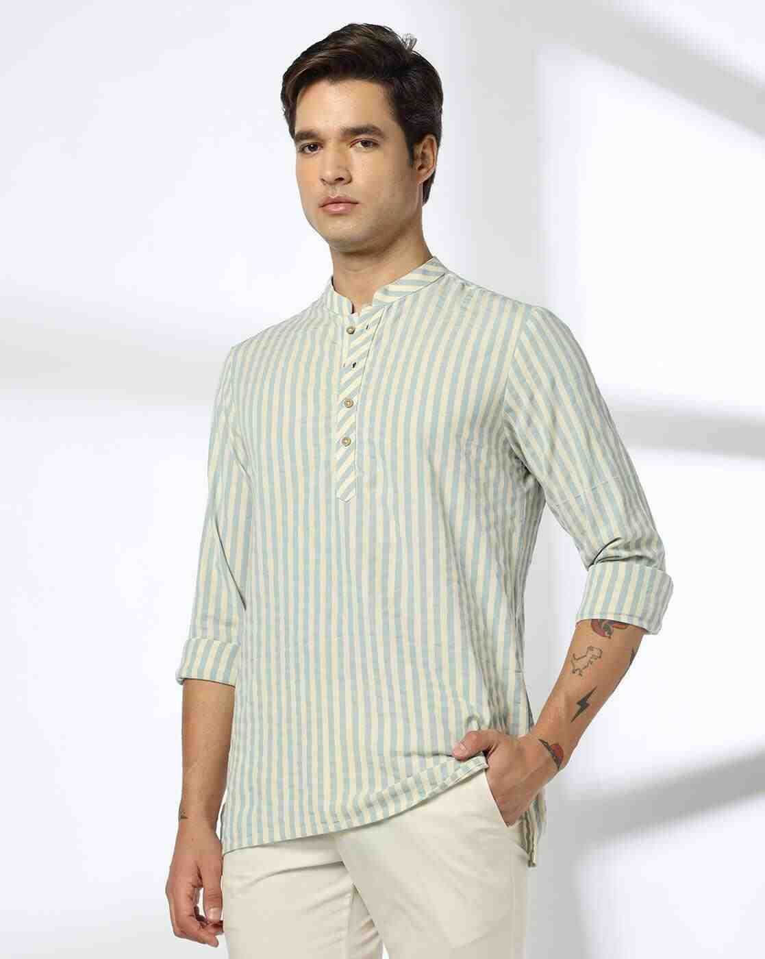 NETPLAY | Men Striped Slim Fit Cotton Short Kurta|0