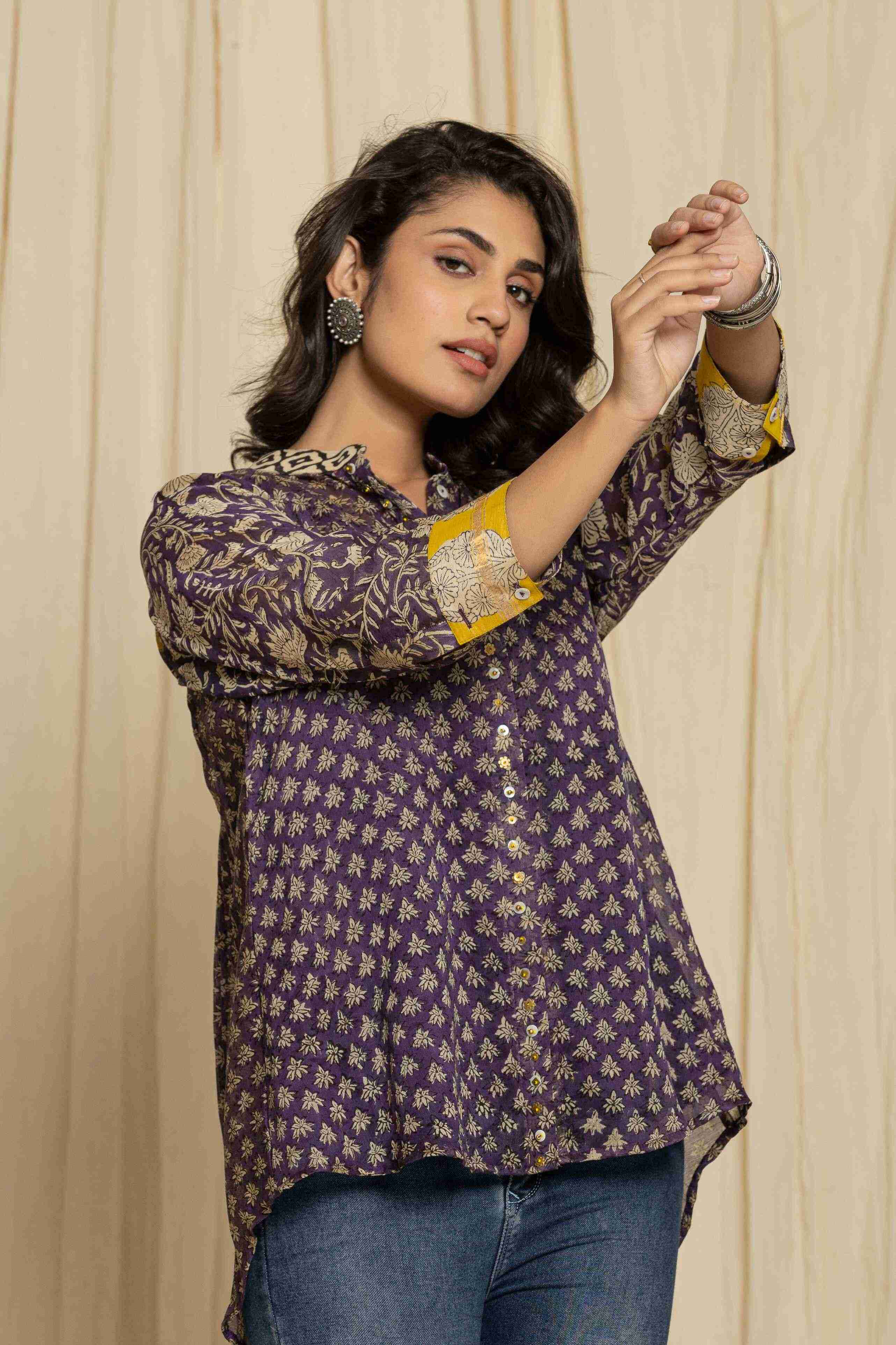 Block printed purple shirt